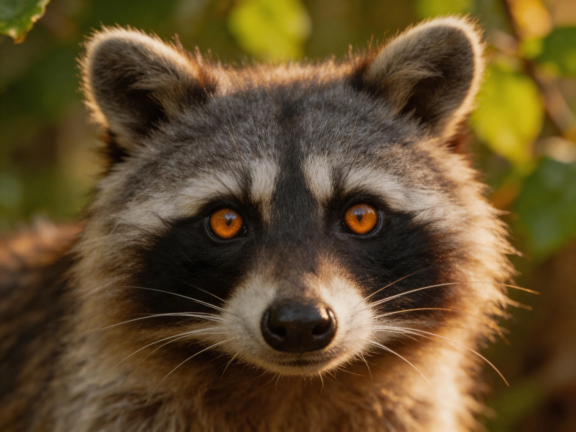 A close - up of a raccoon with bright orange eyes amid greenery