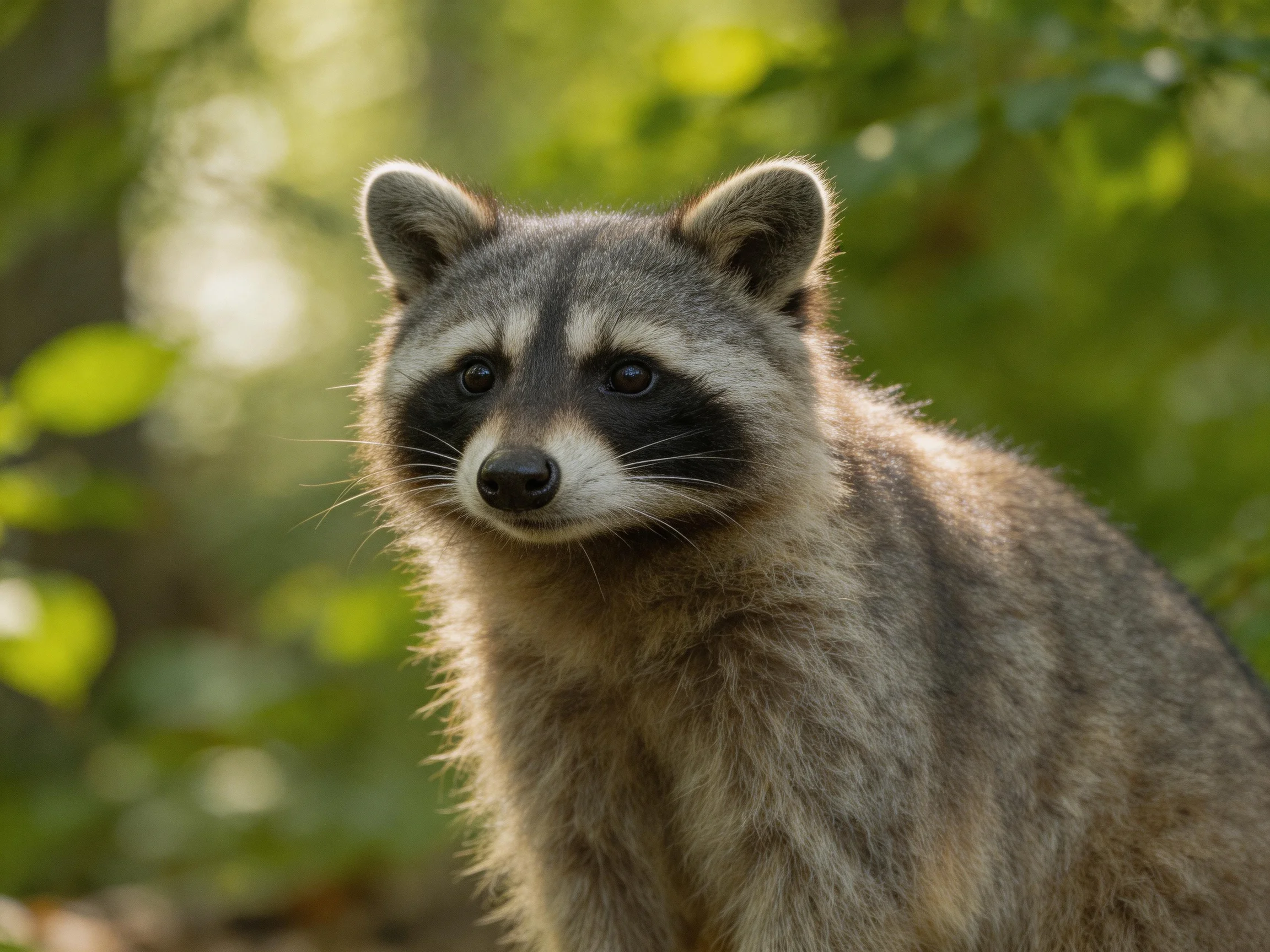 A close - up of a raccoon with dark facial markings in a sunlit forest