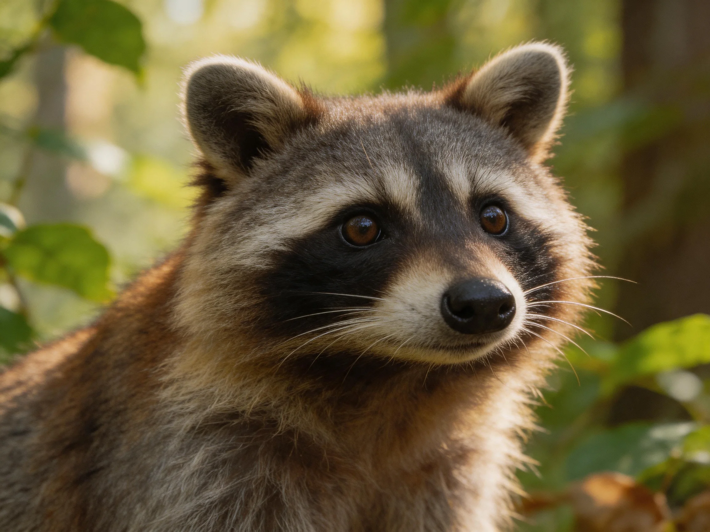 A close-up of a raccoon with dark facial markings in a sunlit forest