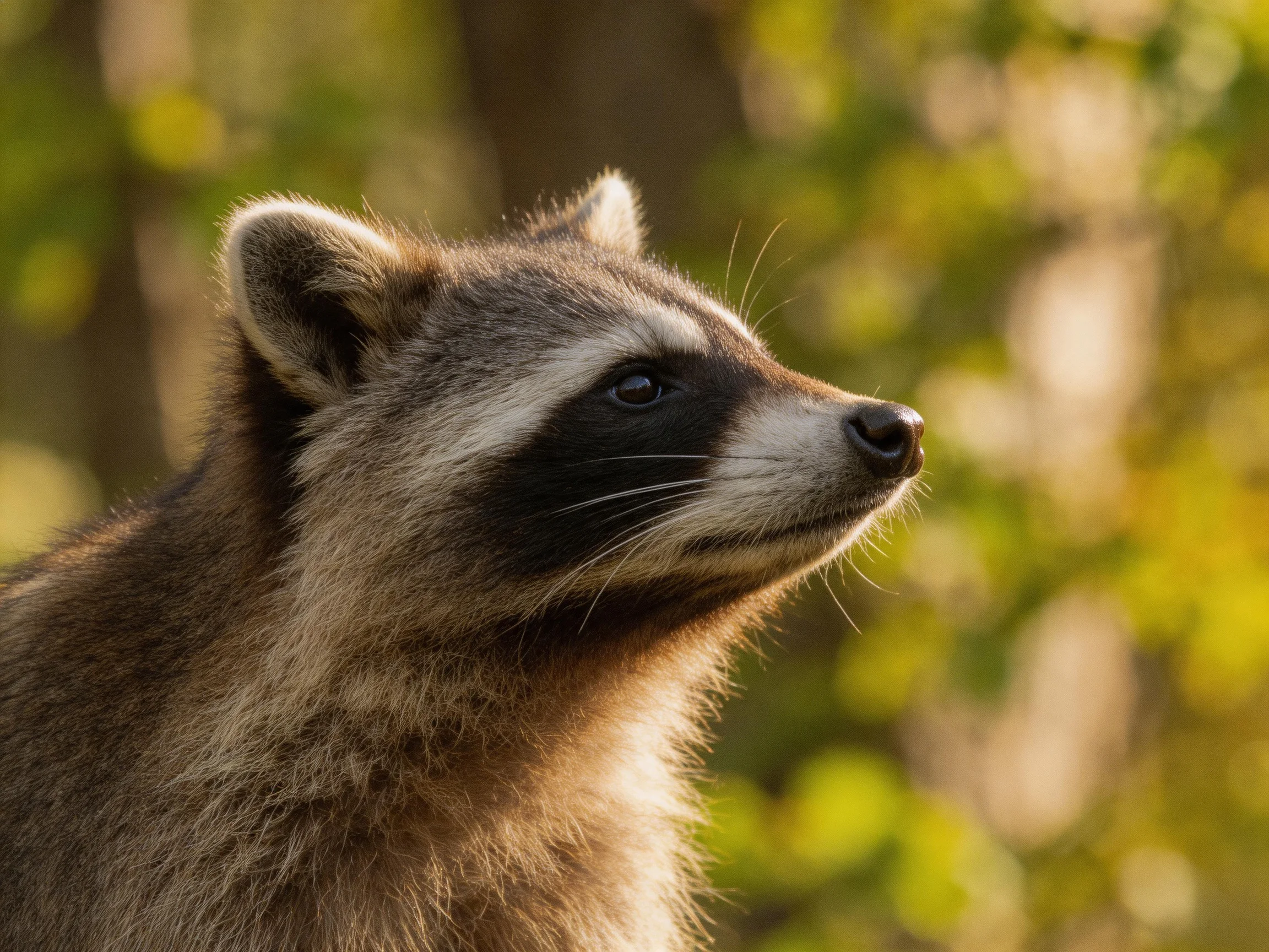 A close - up of a raccoon with distinct black markings in a sunlit forest