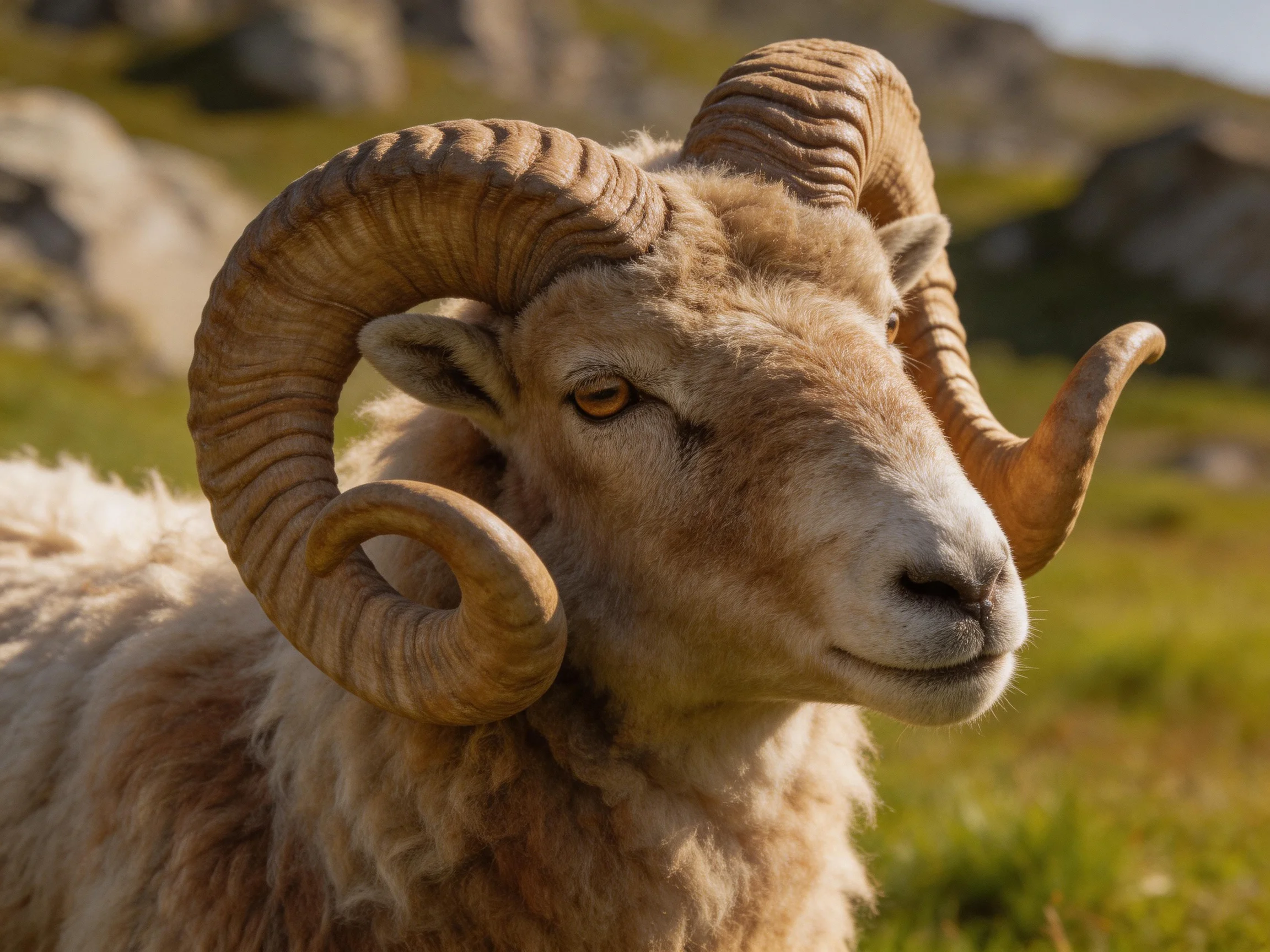 A ram with large curved horns is shown in a rocky natural setting.