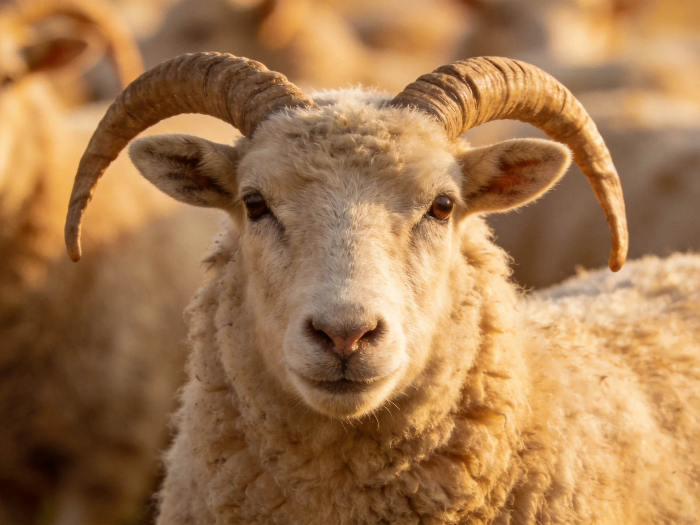 A close - up of a ram with thick tan wool and large curved brown horns
