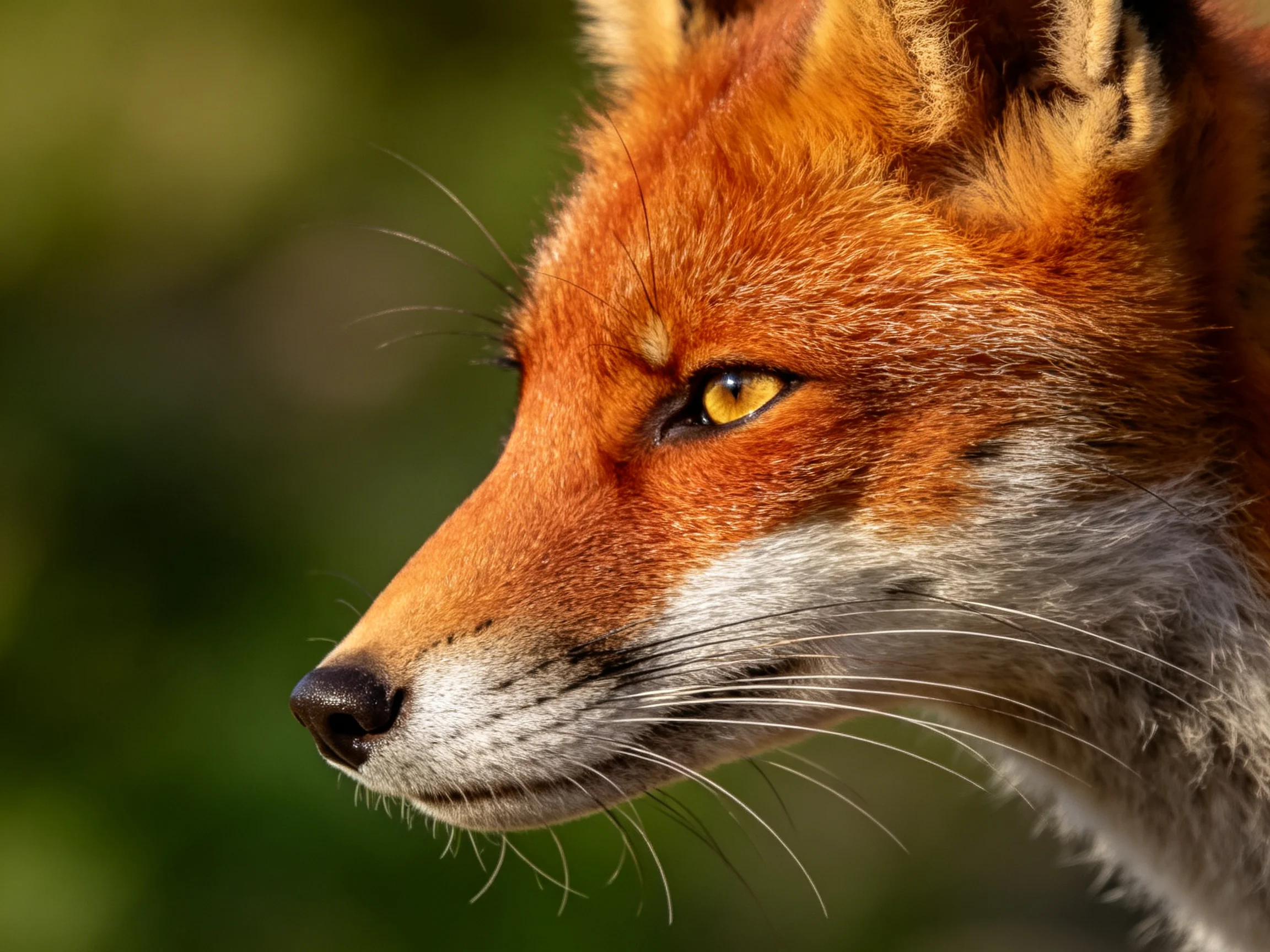 A close - up of a red fox with golden eyes and textured fur