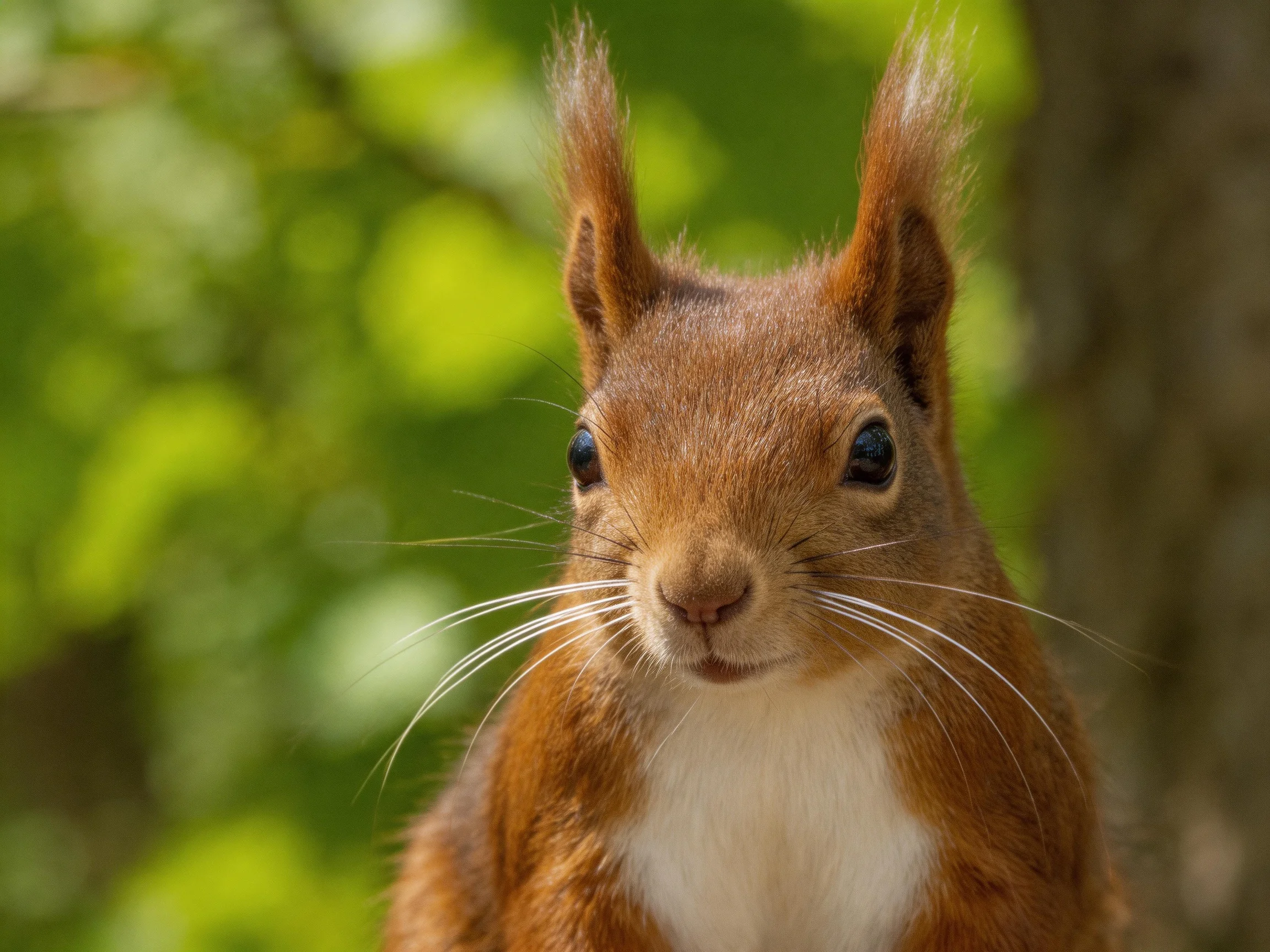 A reddish-brown squirrel with a white chest is shown up close among greenery.
