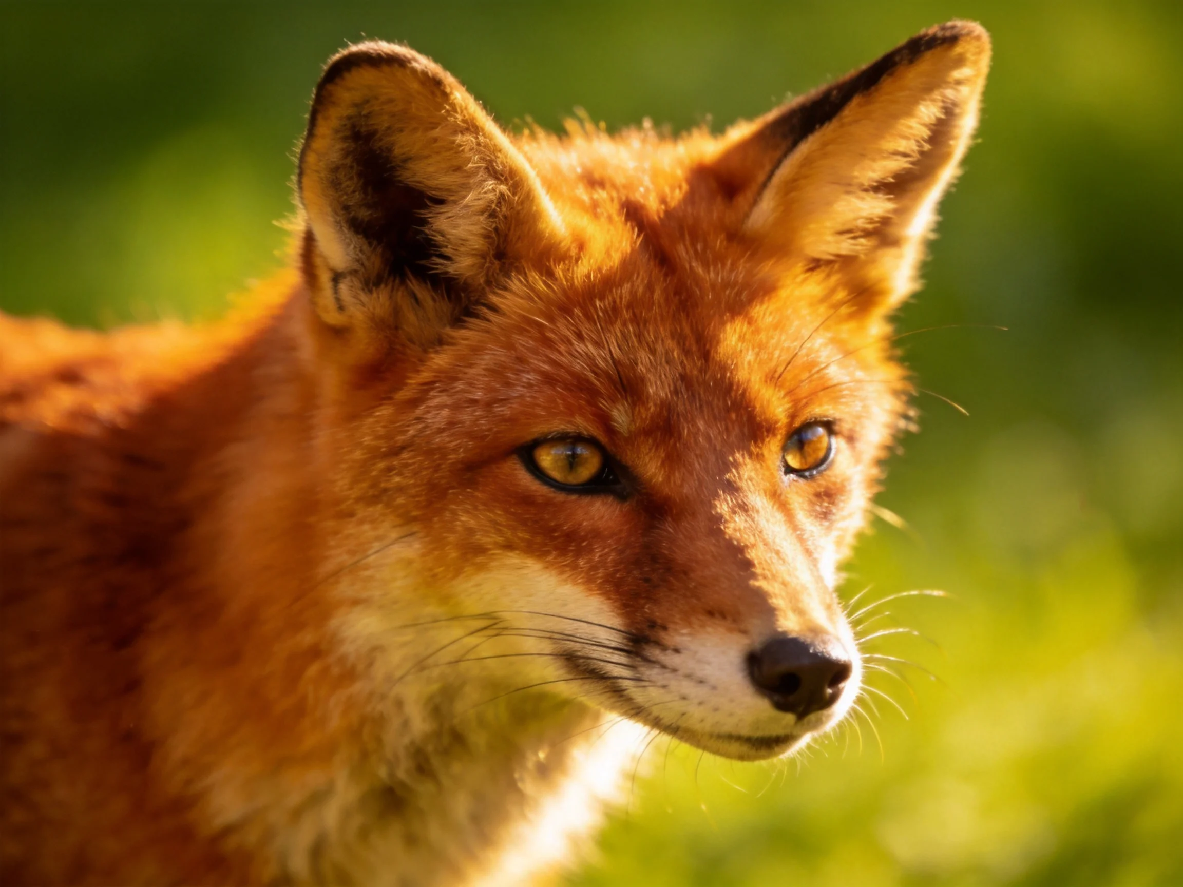 A close - up of a reddish fox with amber eyes in a sunlit green setting
