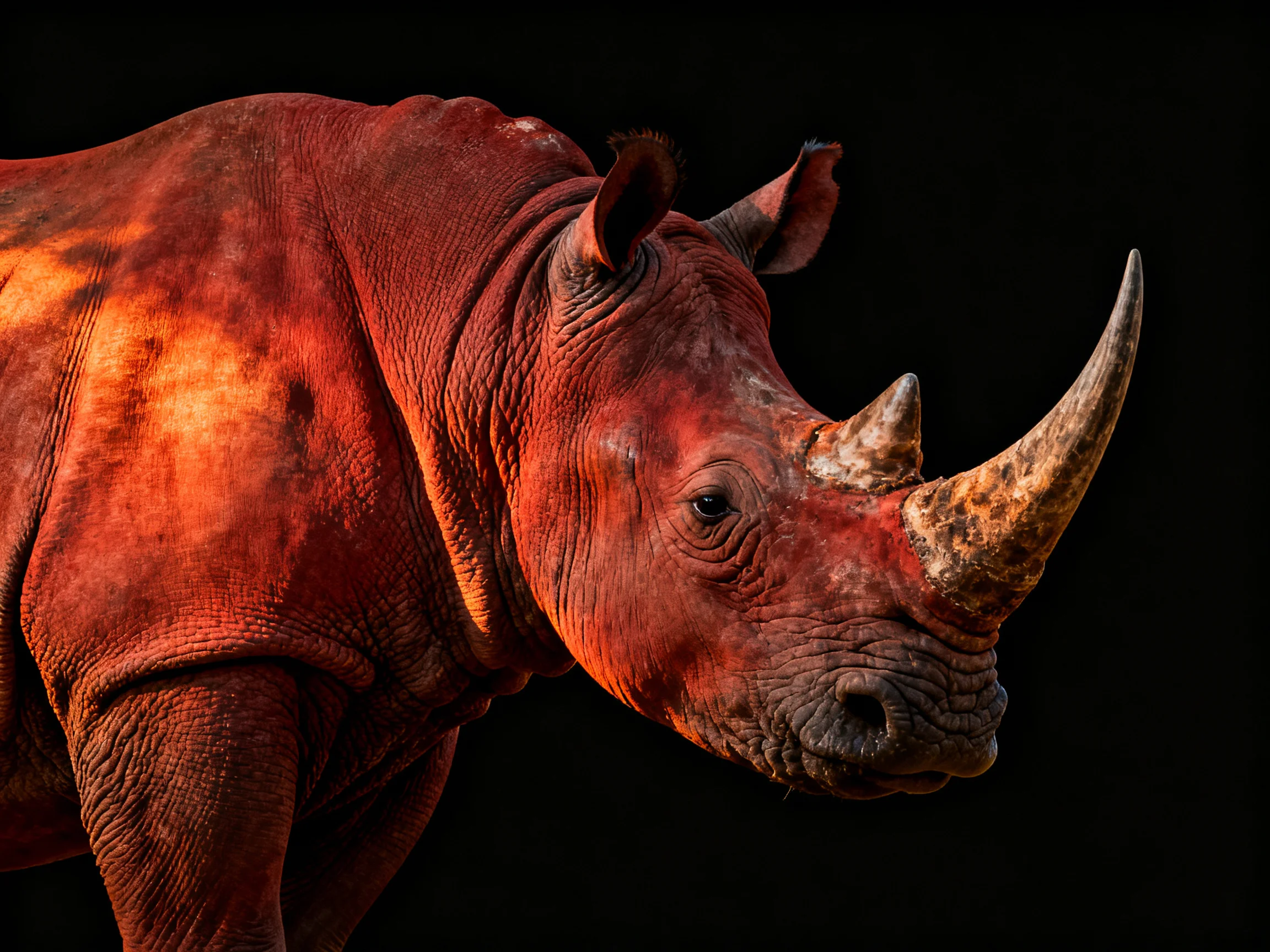 A close-up of a reddish rhinoceros with prominent horns