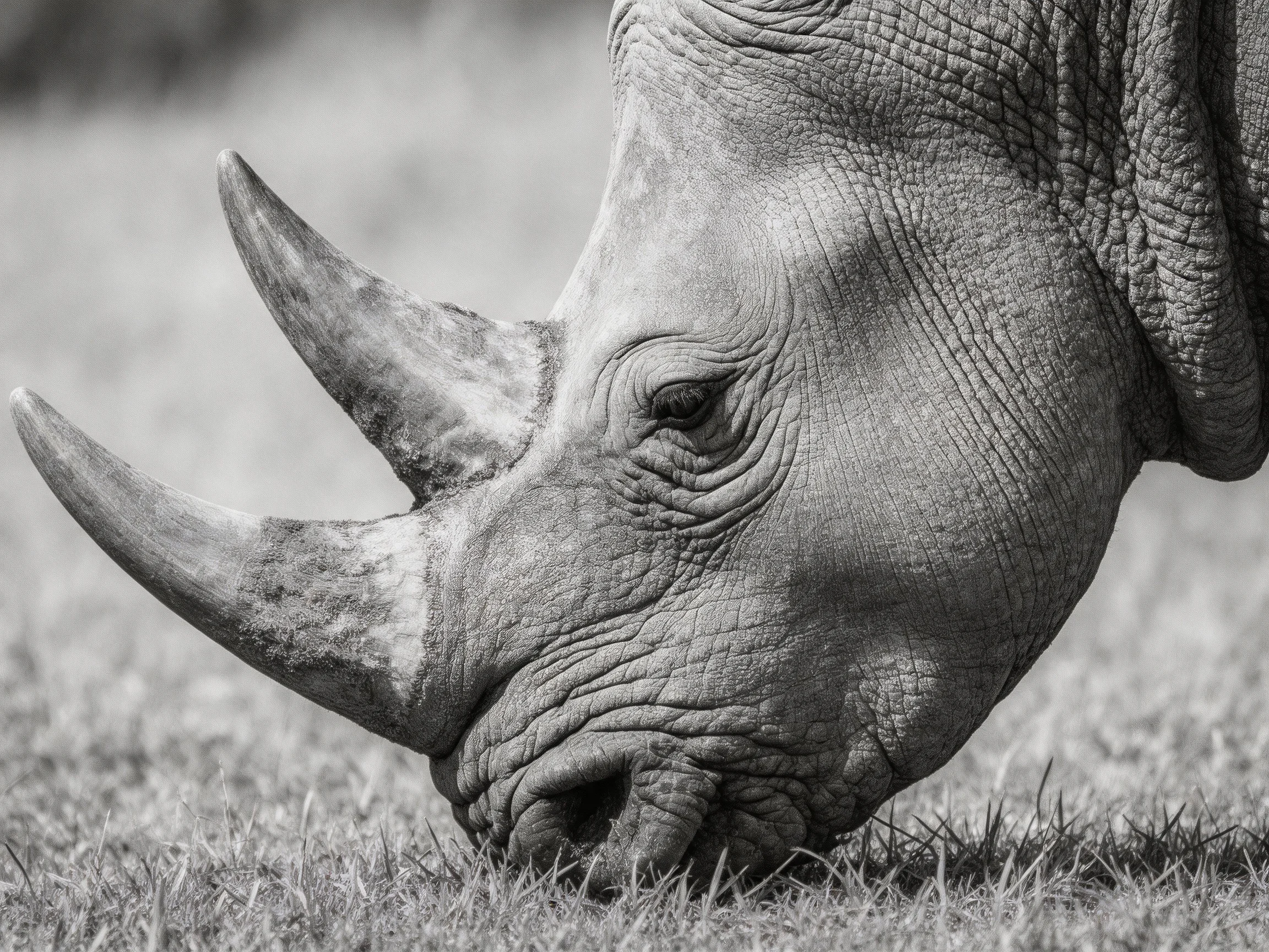A close - up of a rhinoceros with prominent horns grazing on grass
