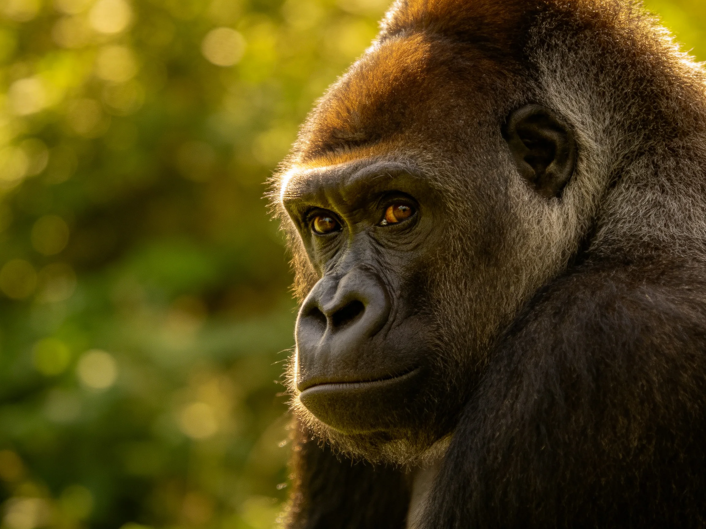 A close-up of a silverback gorilla is shown against a sunlit green jungle backdrop.