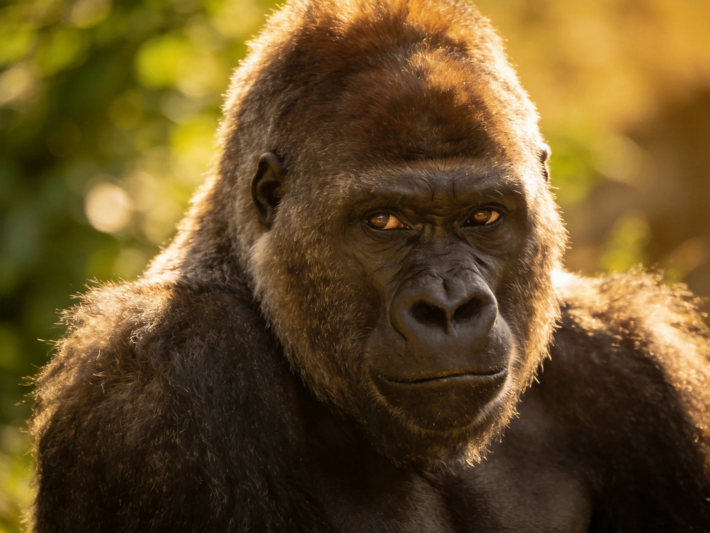 A silverback gorilla is shown up close in a sunlit natural setting.
