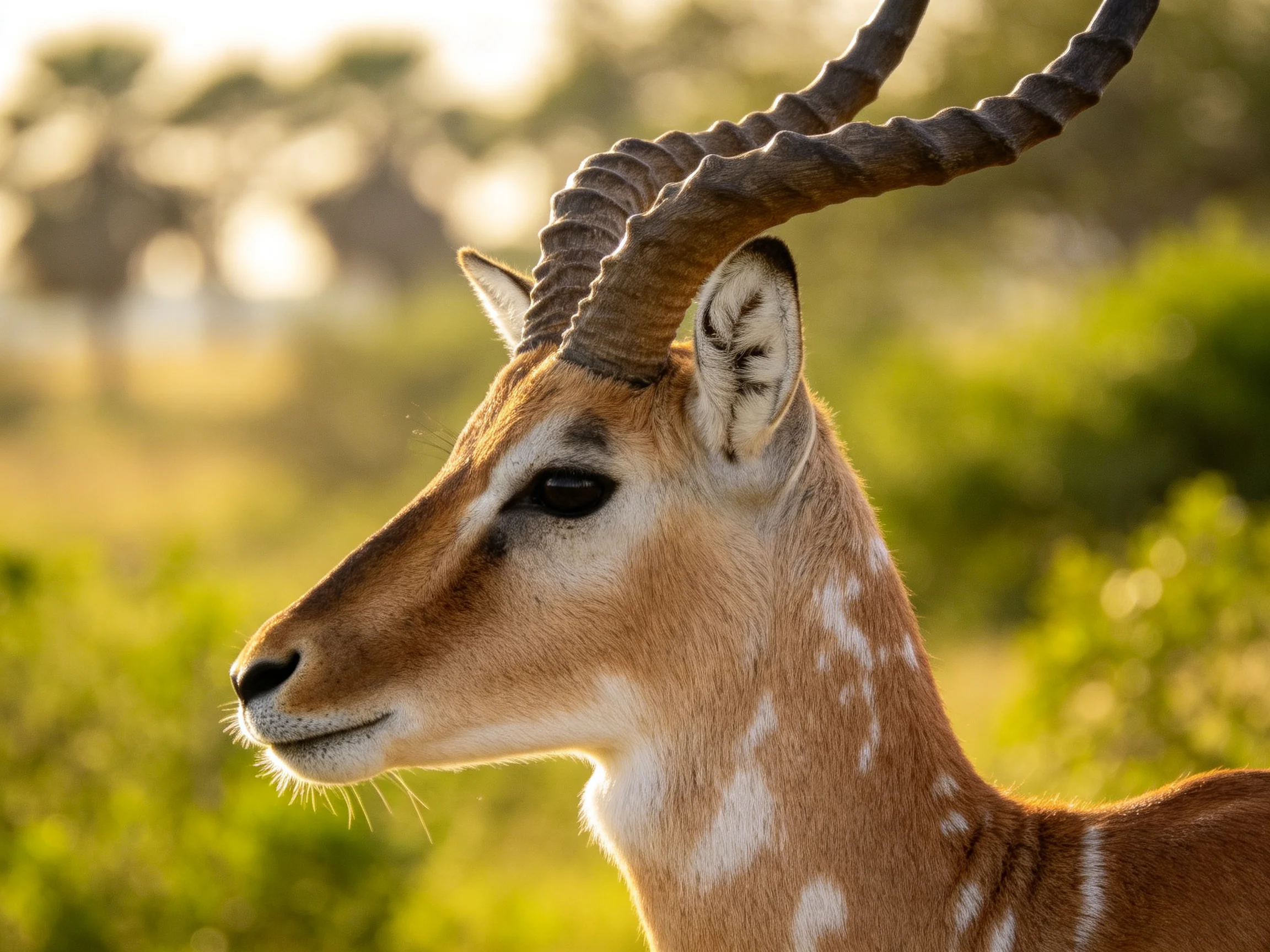 A spotted antelope with twisted horns is shown in a natural setting.