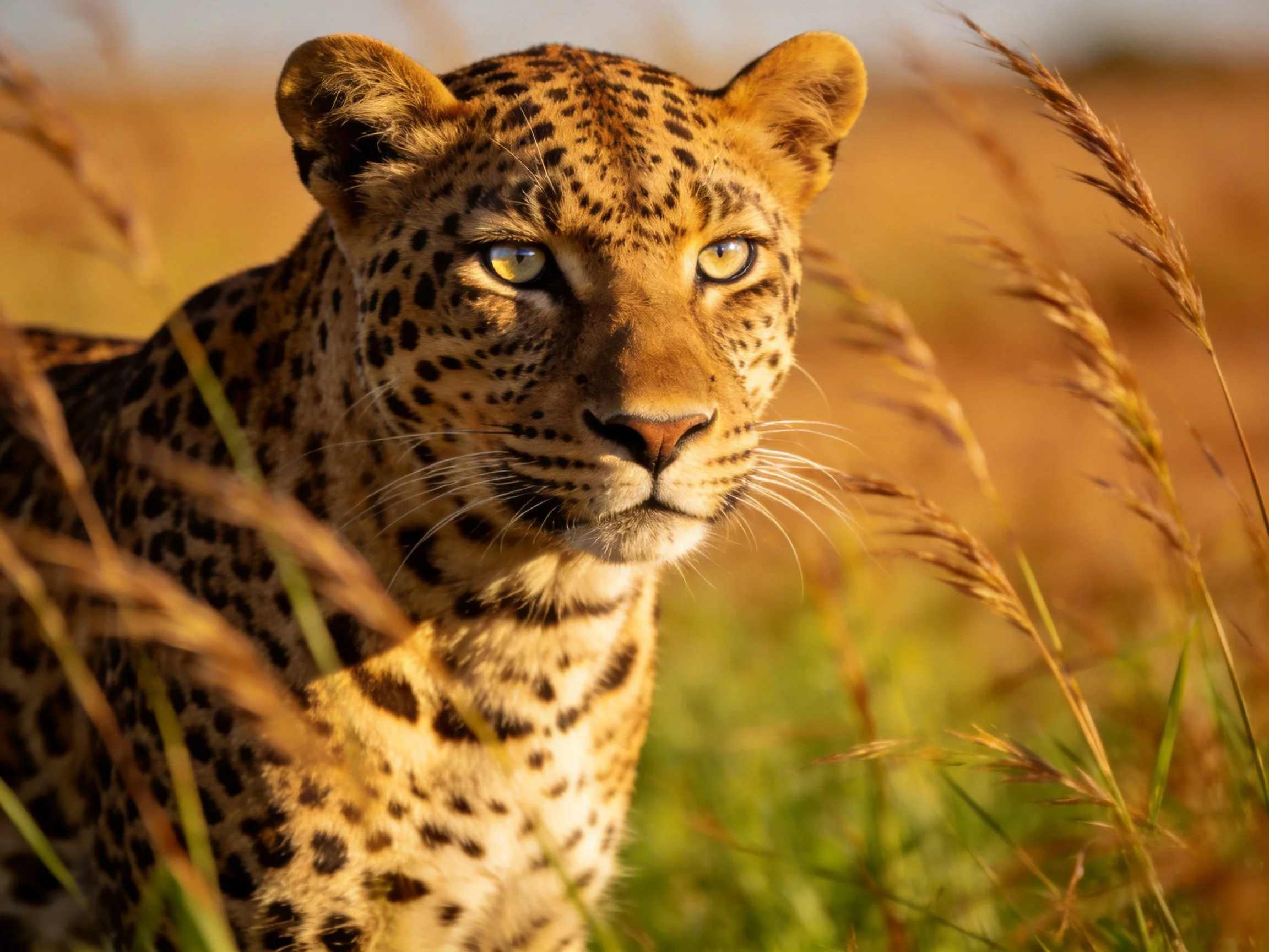 A close - up of a spotted leopard in golden savannah grasses