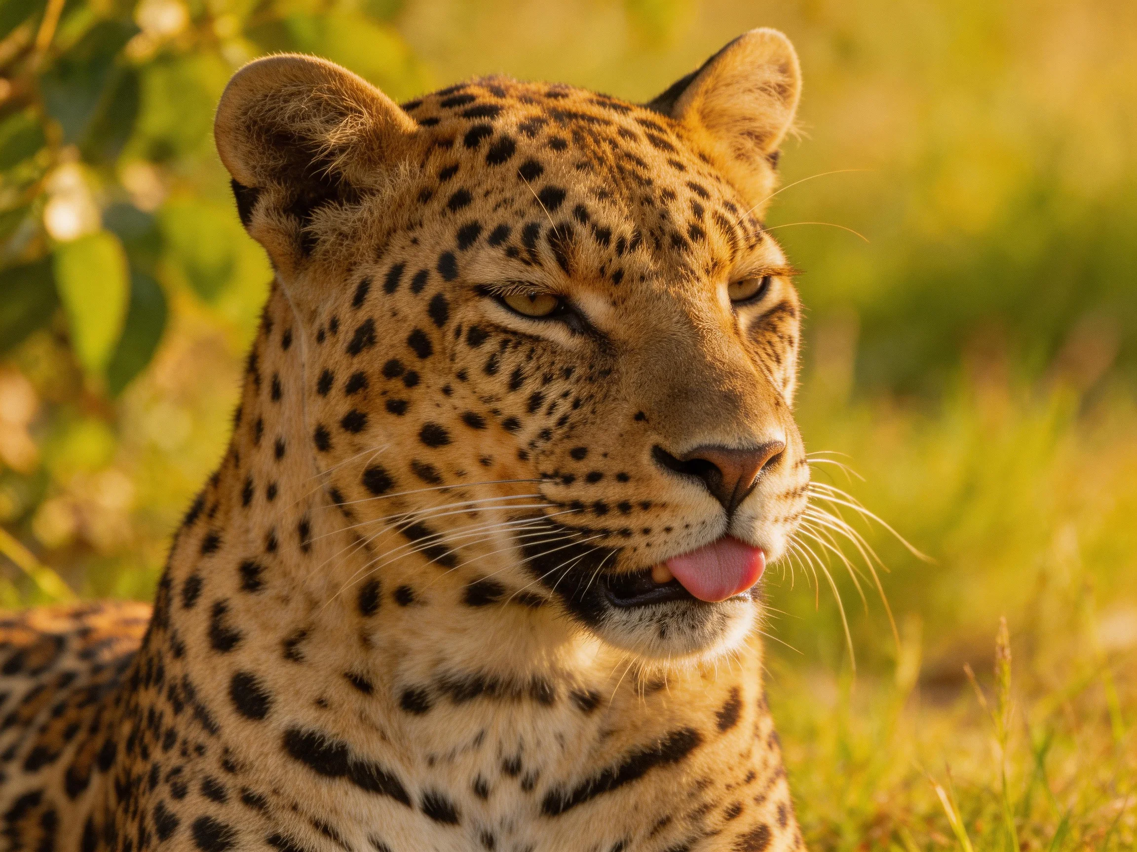 A close - up of a spotted leopard resting in golden grass