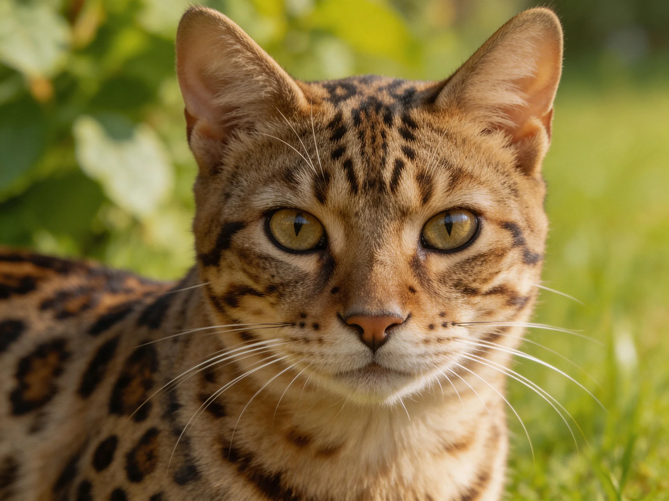 A close - up of a spotted savannah cat in lush green surroundings