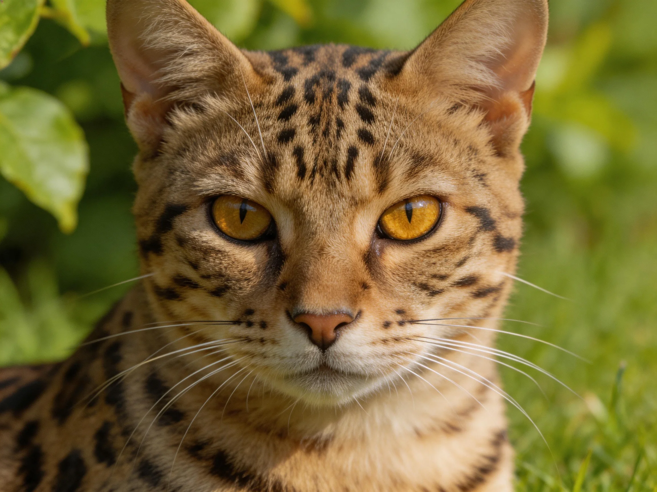 A close-up of a spotted savannah cat with golden eyes among green foliage