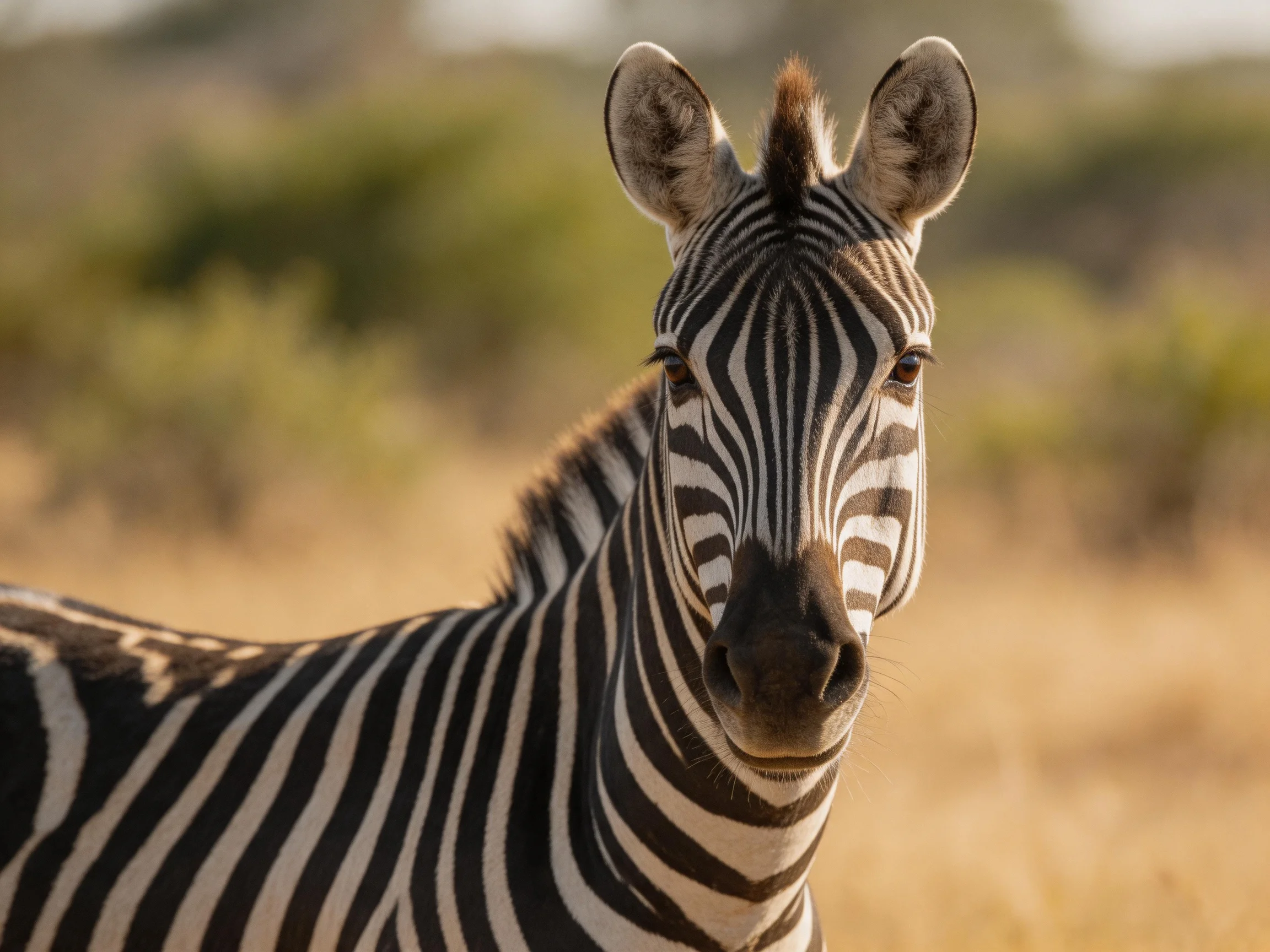 A striped zebra with bold black - white stripes is shown in a sunlit savannah.
