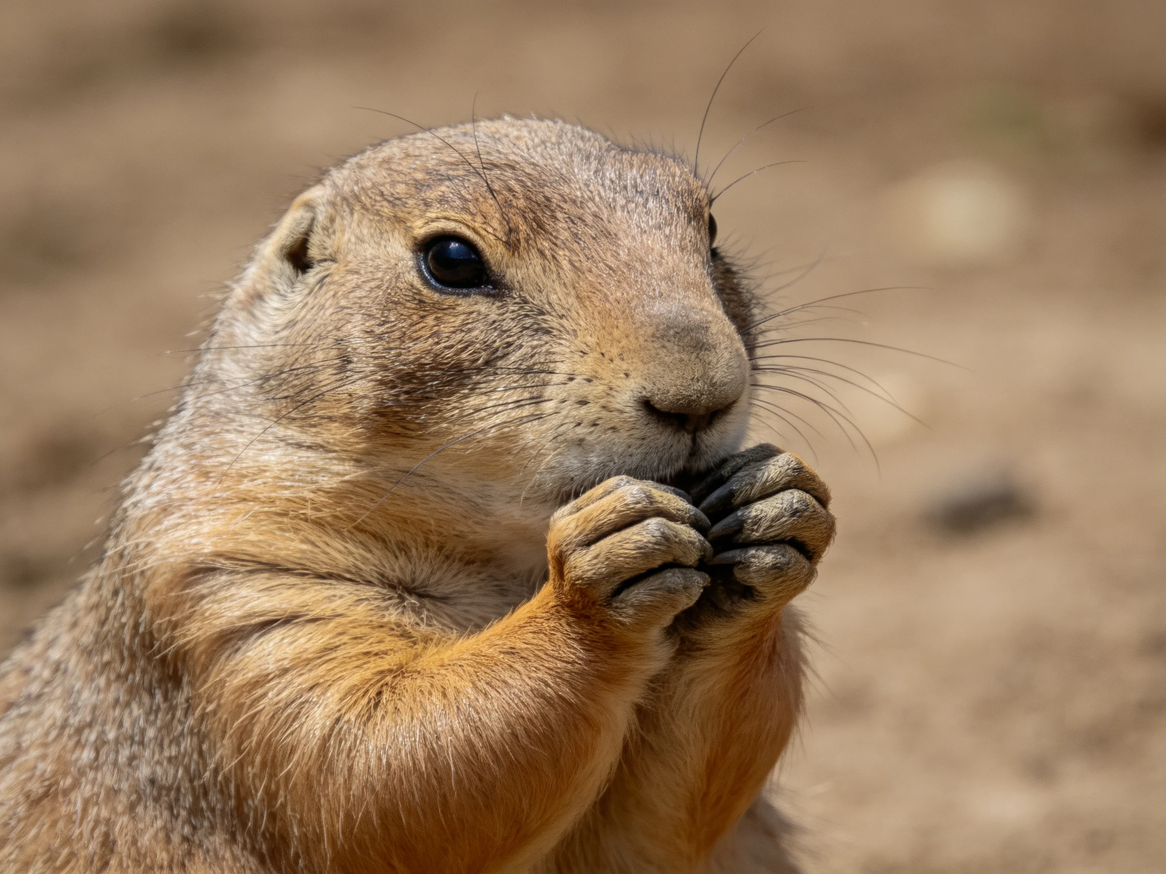 A close - up of a tan prairie dog nibbling with paws near its mouth