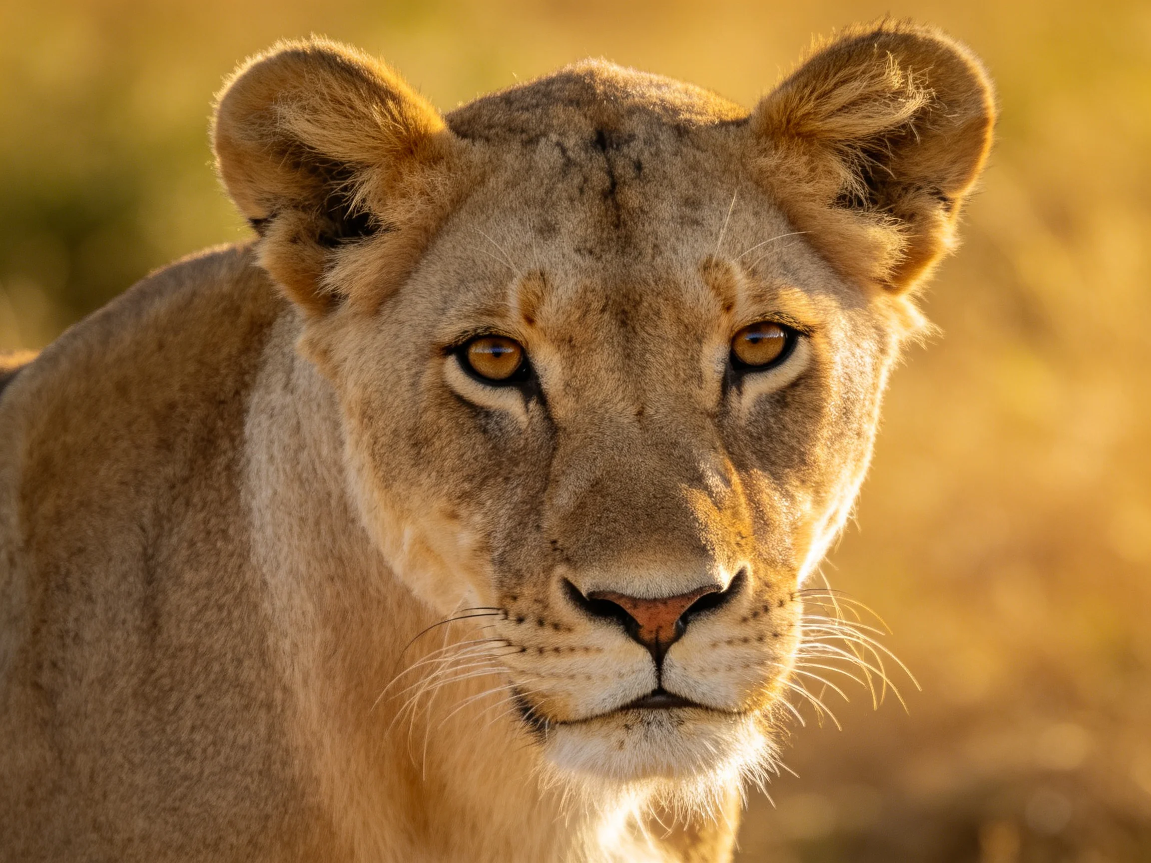 A close-up of a tawny lioness in golden savannah light