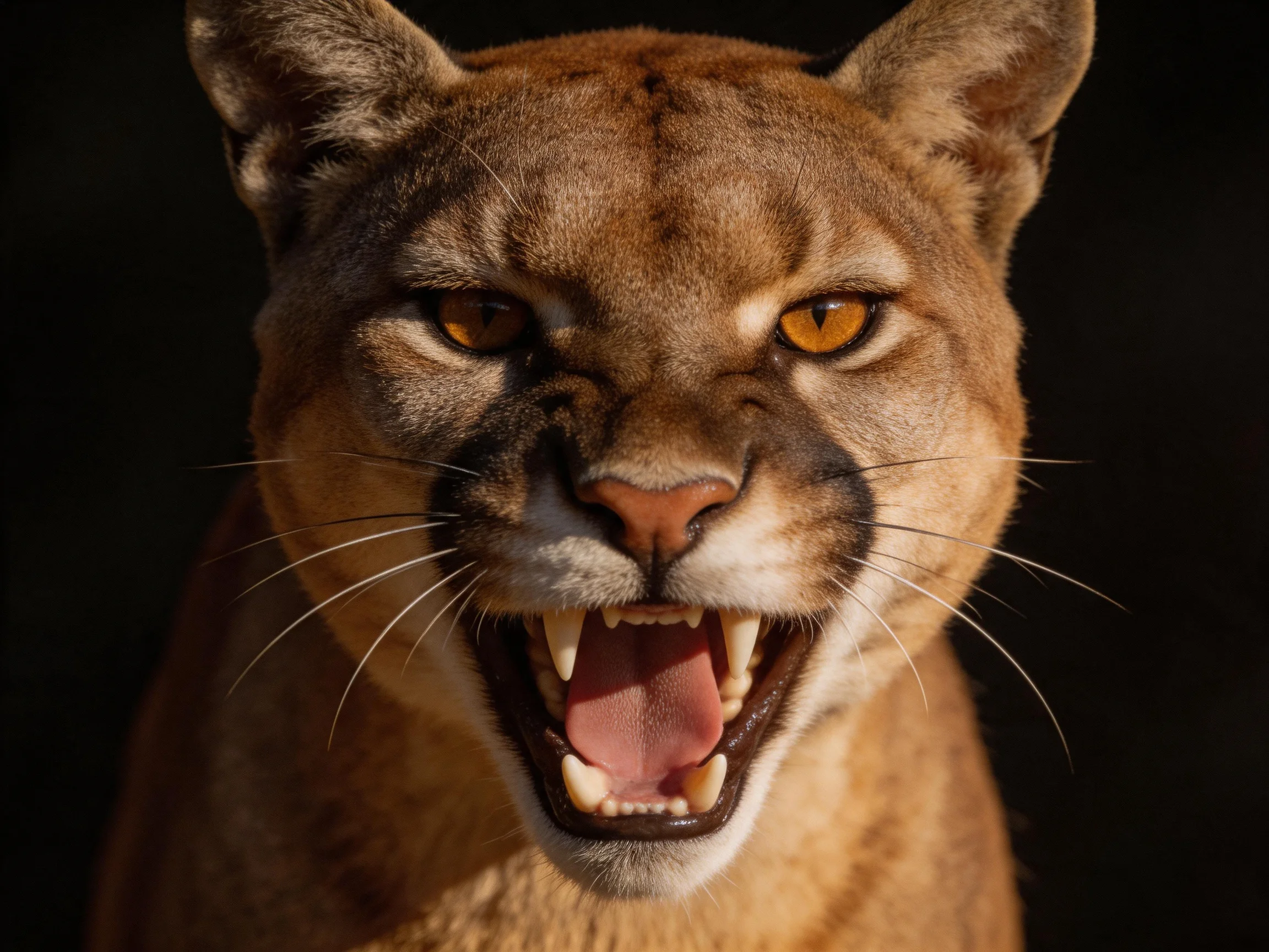 A close - up of a tawny wild cat with bared teeth and amber eyes