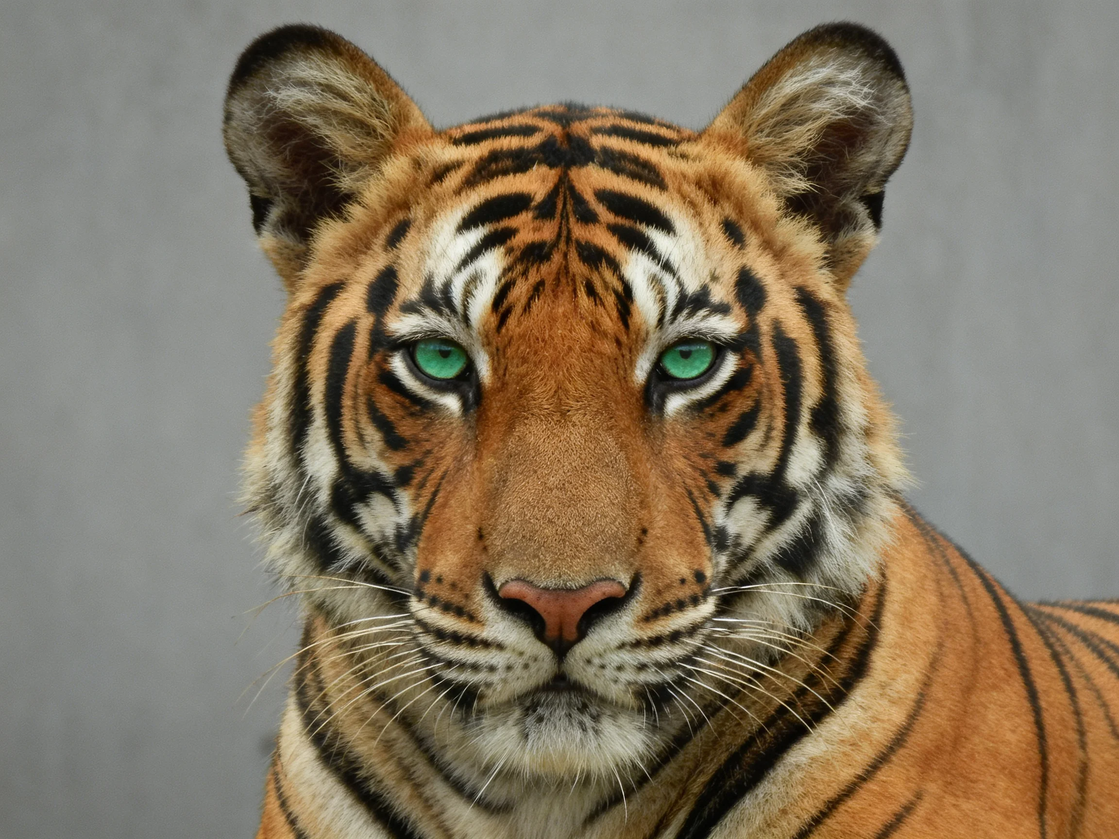 A close - up of a tiger with vibrant orange fur and striking green eyes against a plain gray backdrop.