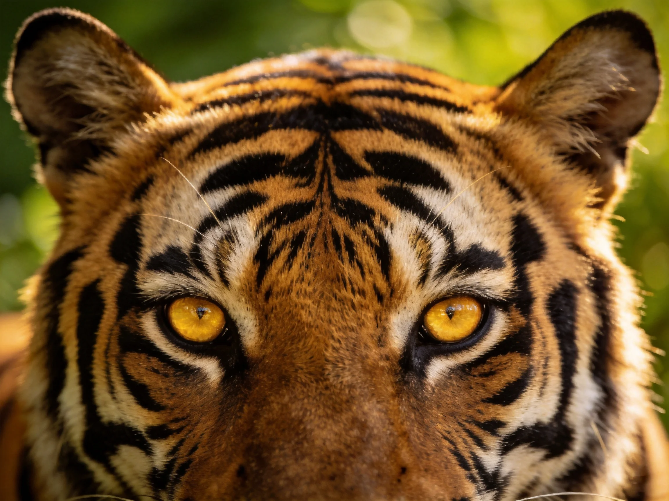 A close-up of a tiger with vivid yellow eyes and bold black stripes