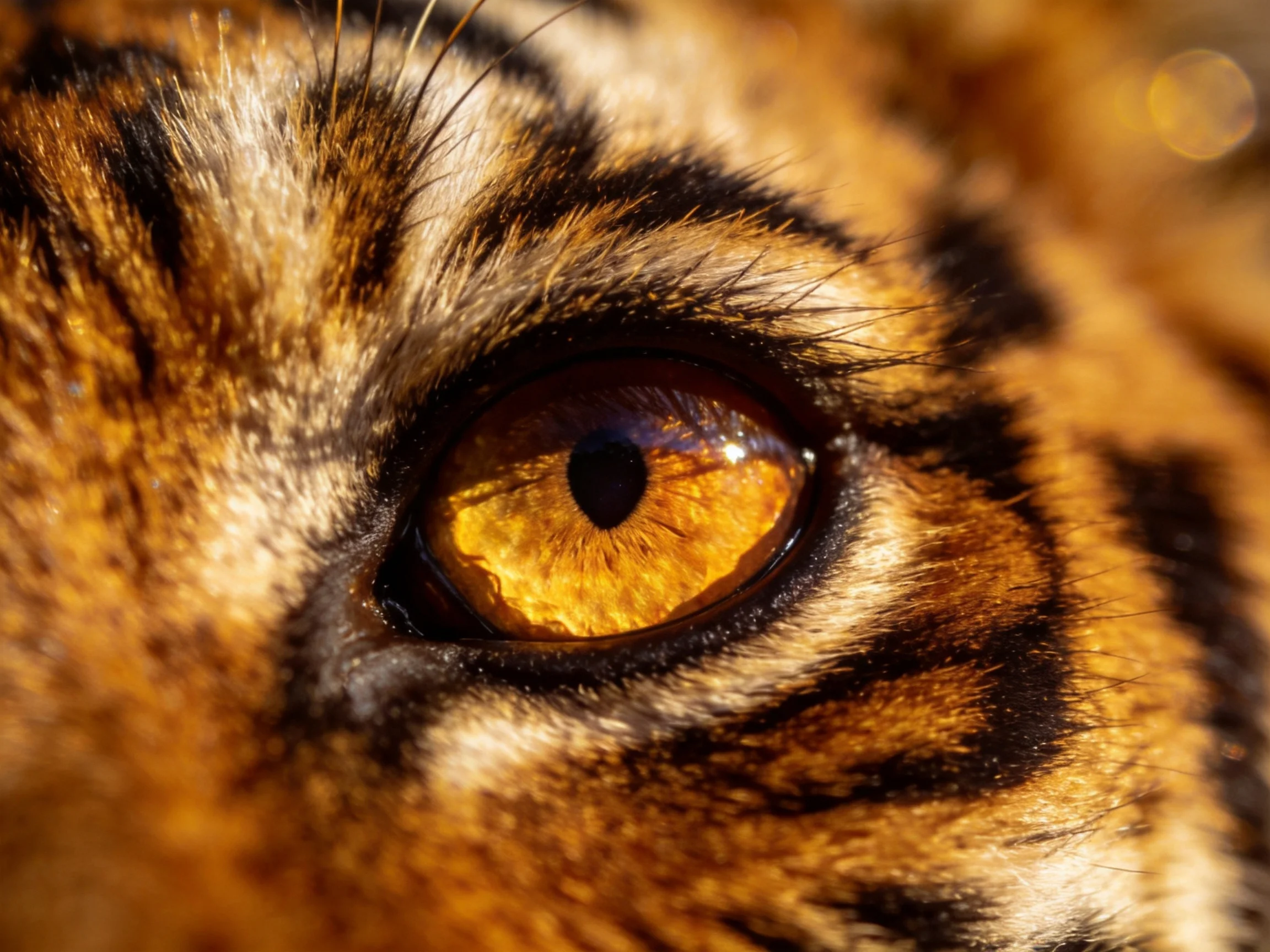 A close - up of a tigers amber eye with bold black stripes