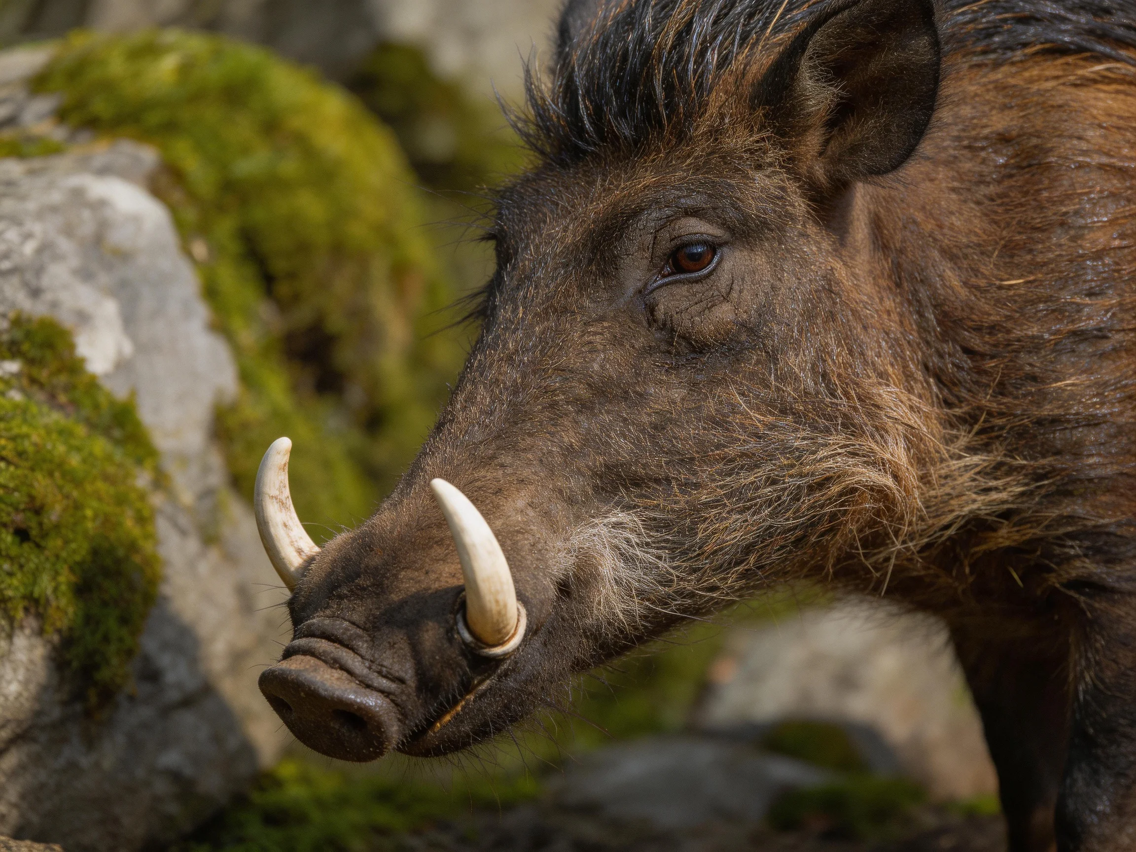 A close - up of a warthog with tusps near mossy rocks