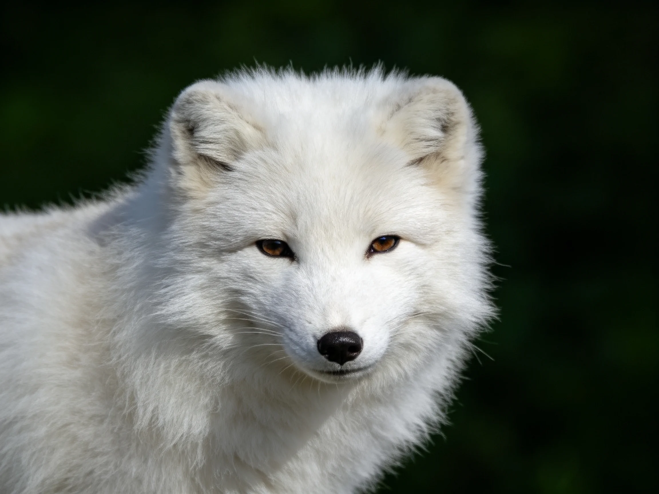 A close-up of a white-furred arctic fox with dark green blurred background
