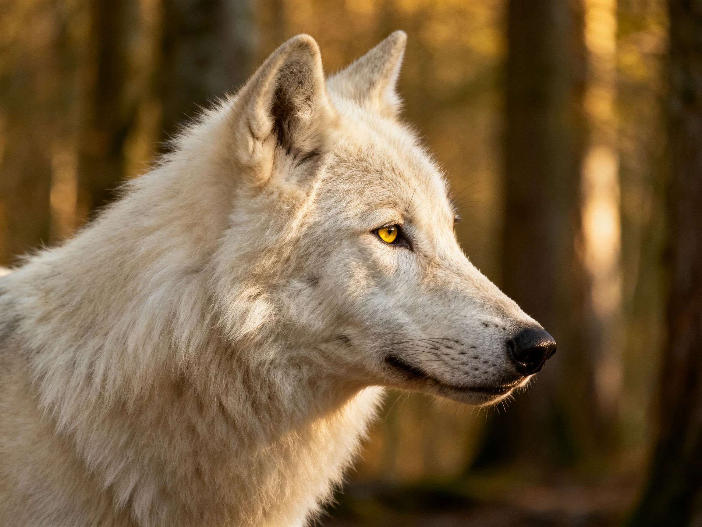 A close - up of a white wolf with yellow eyes in a sunlit forest