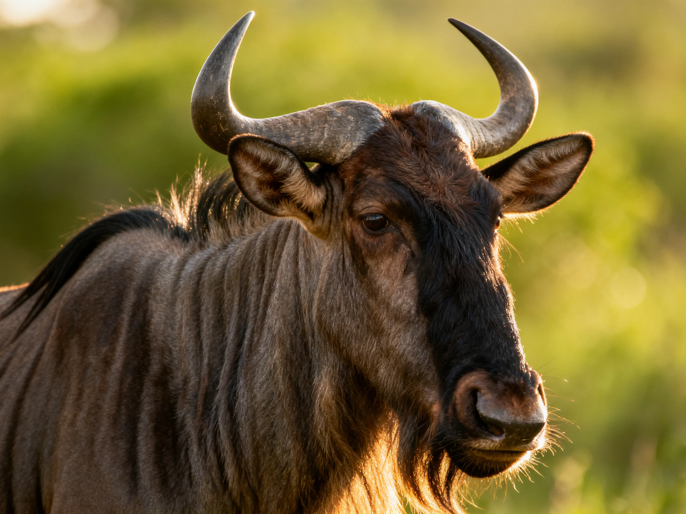 A close - up of a wildebeest with large curved horns in natural light