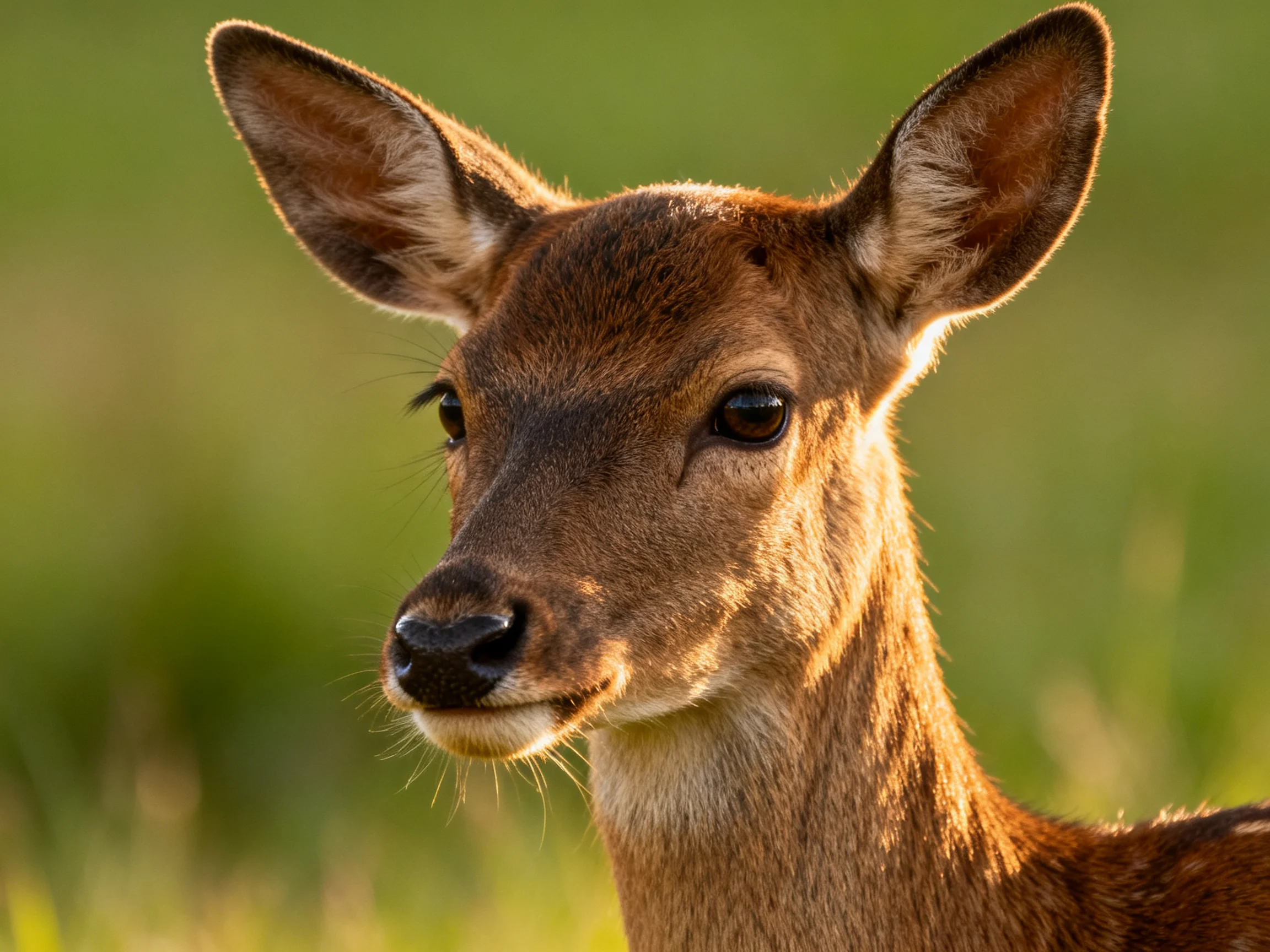 A young deer with brown fur is shown up close in a green area.