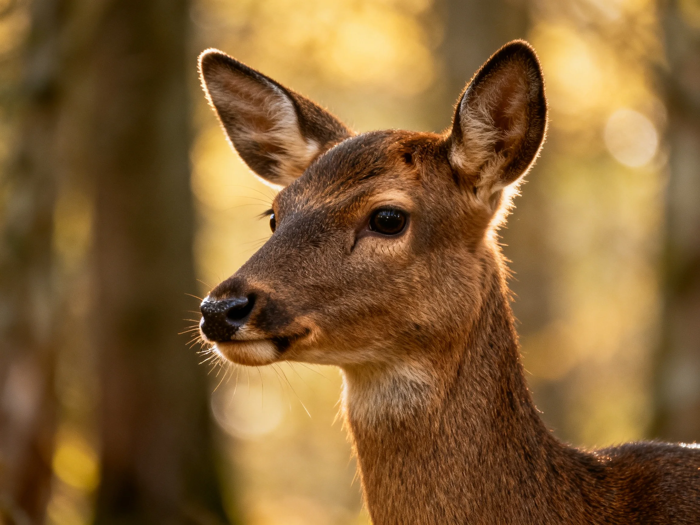 A close - up of a young deer with earthy brown fur in a sunlit forest