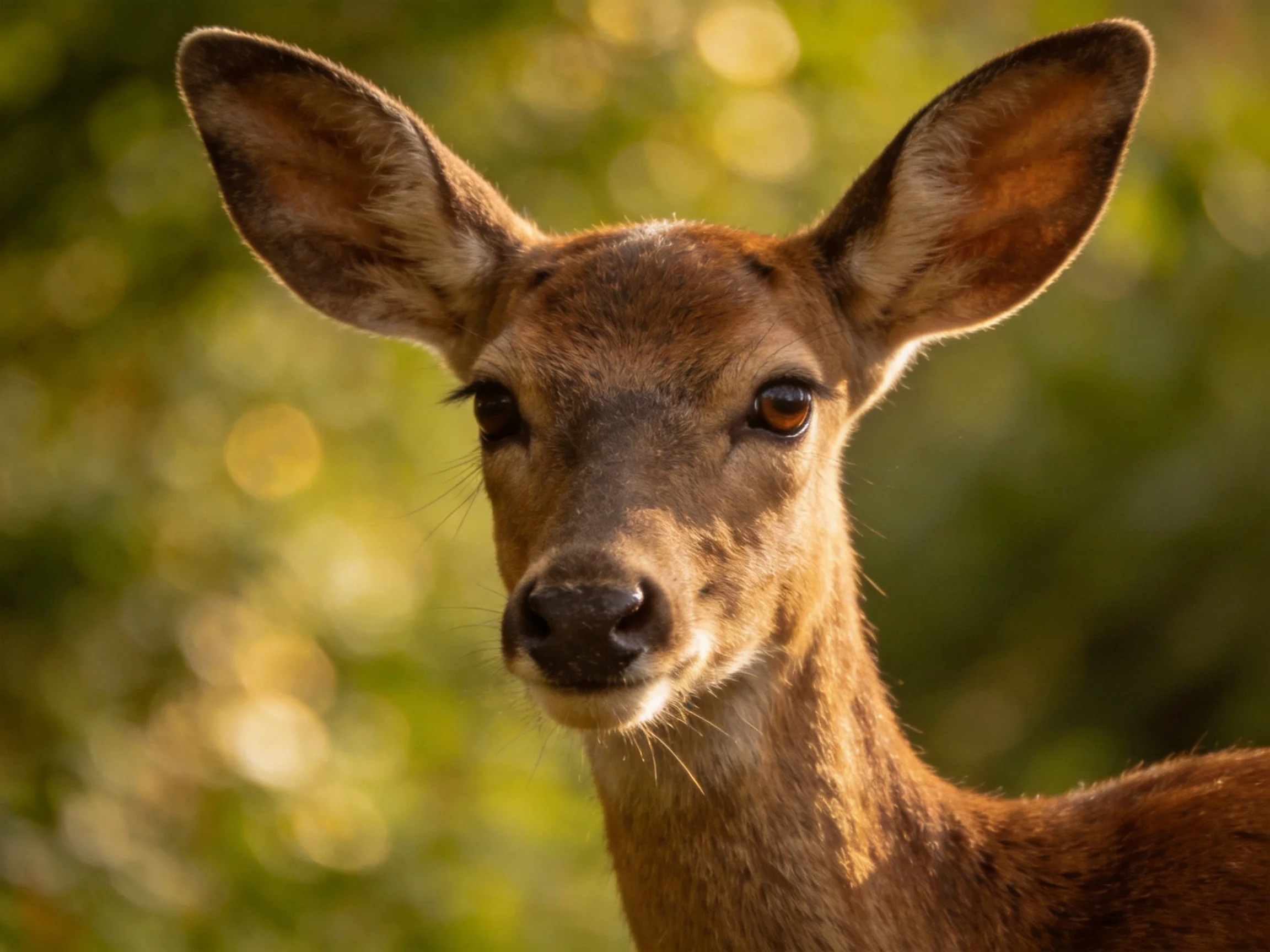 A young deer with large ears is centered amid a blurred green forest backdrop.