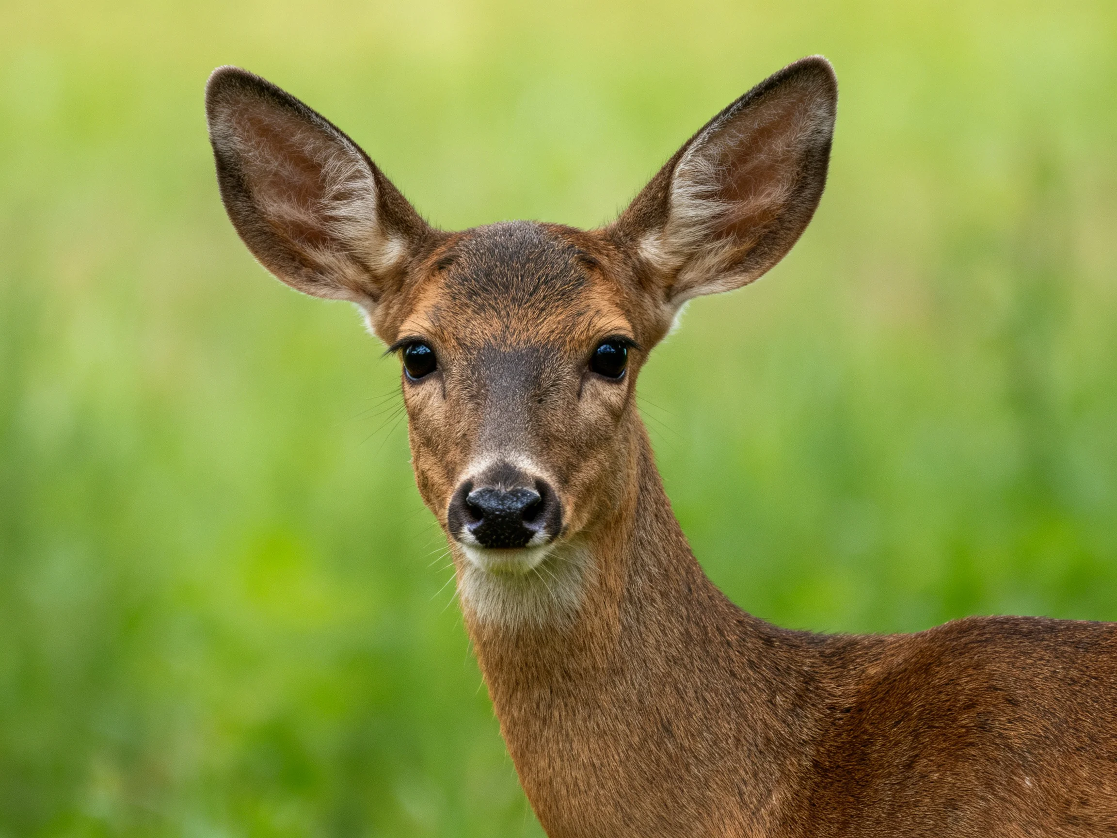 A close - up of a young deer with large ears amidst lush green foliage