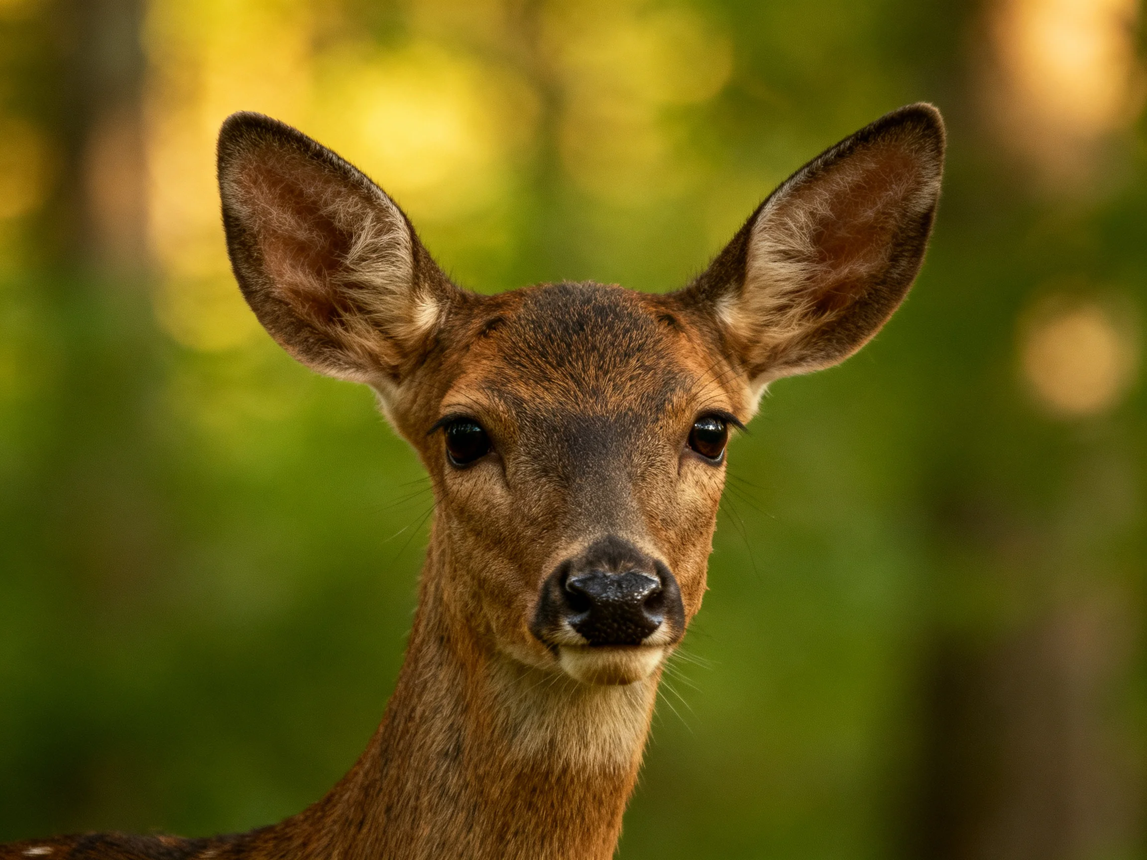 A young deer with large ears is centered in front of a blurred green forest backdrop.