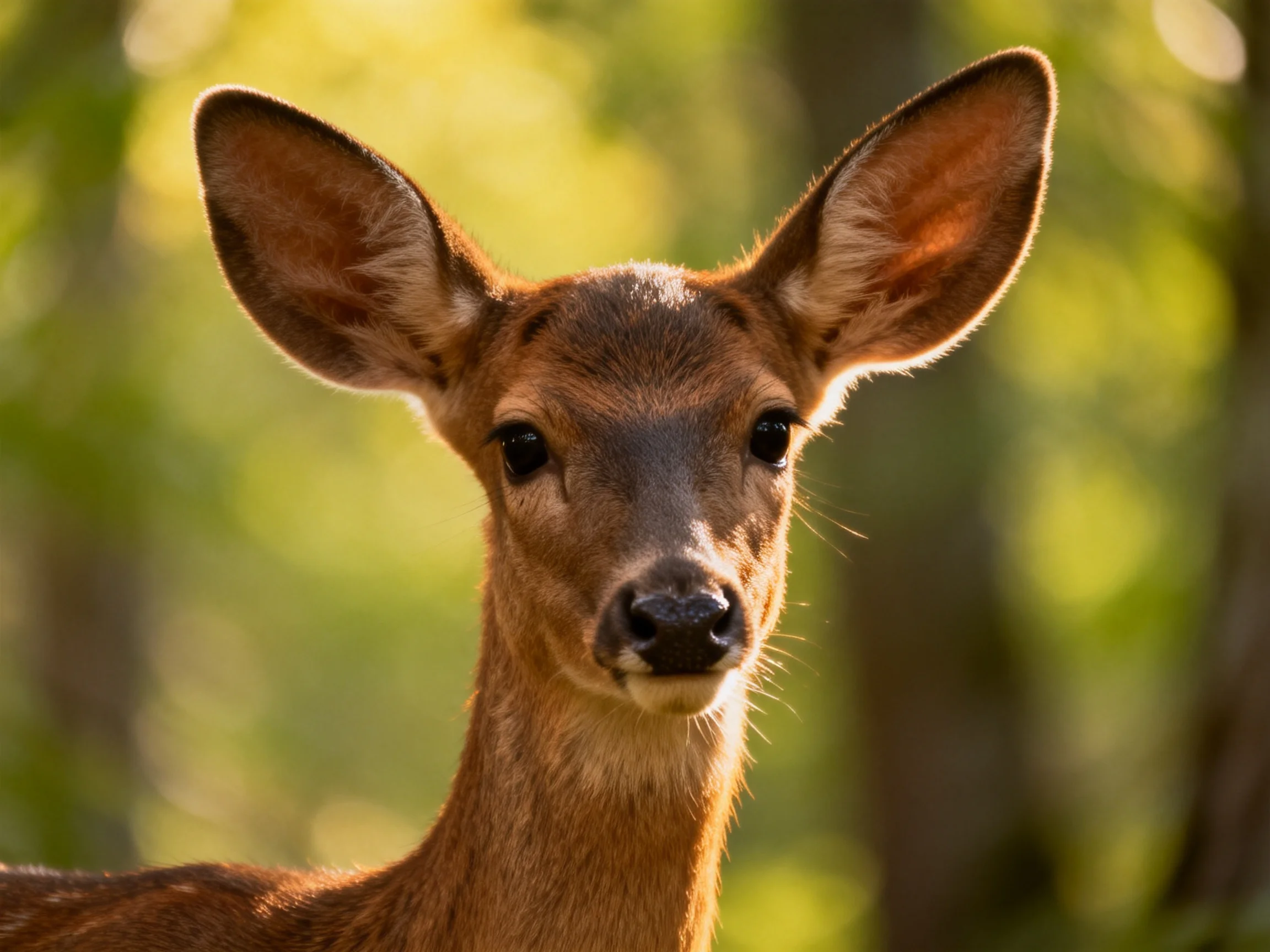 A young deer with large ears is shown in sharp focus amid a sunlit forest backdrop.