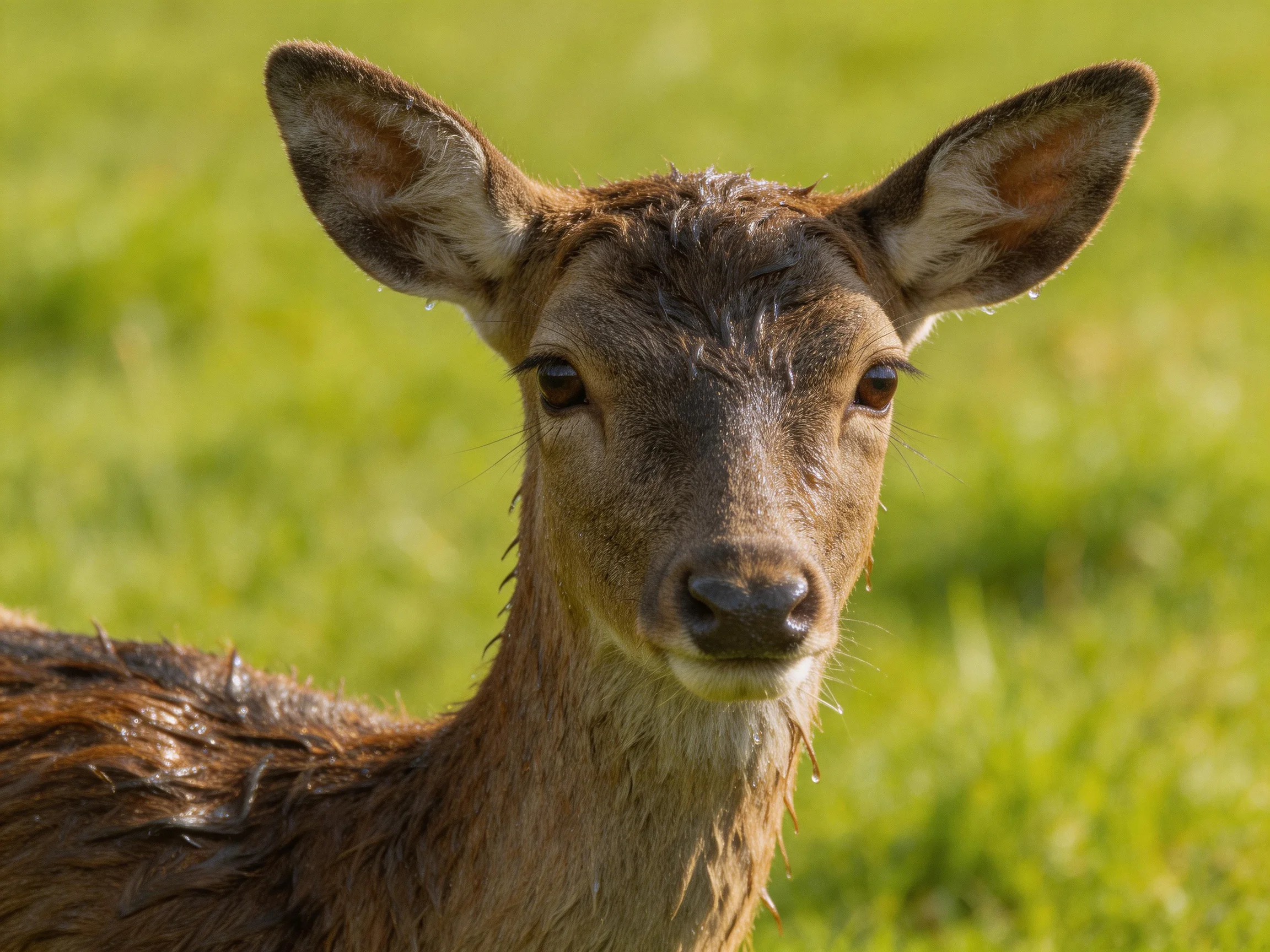 A young deer with wet fur stands in a sunlit green meadow.