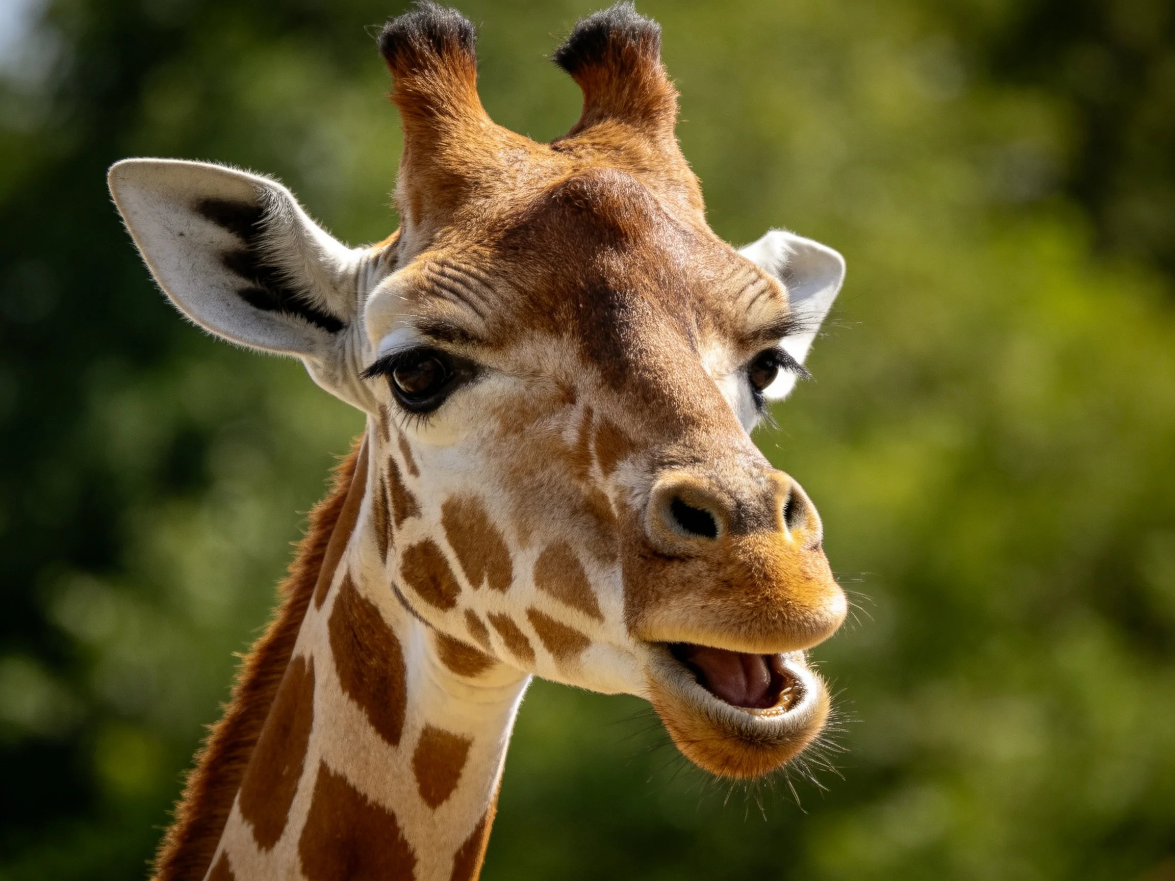 A close - up of a young giraffe with brown spotted patterns