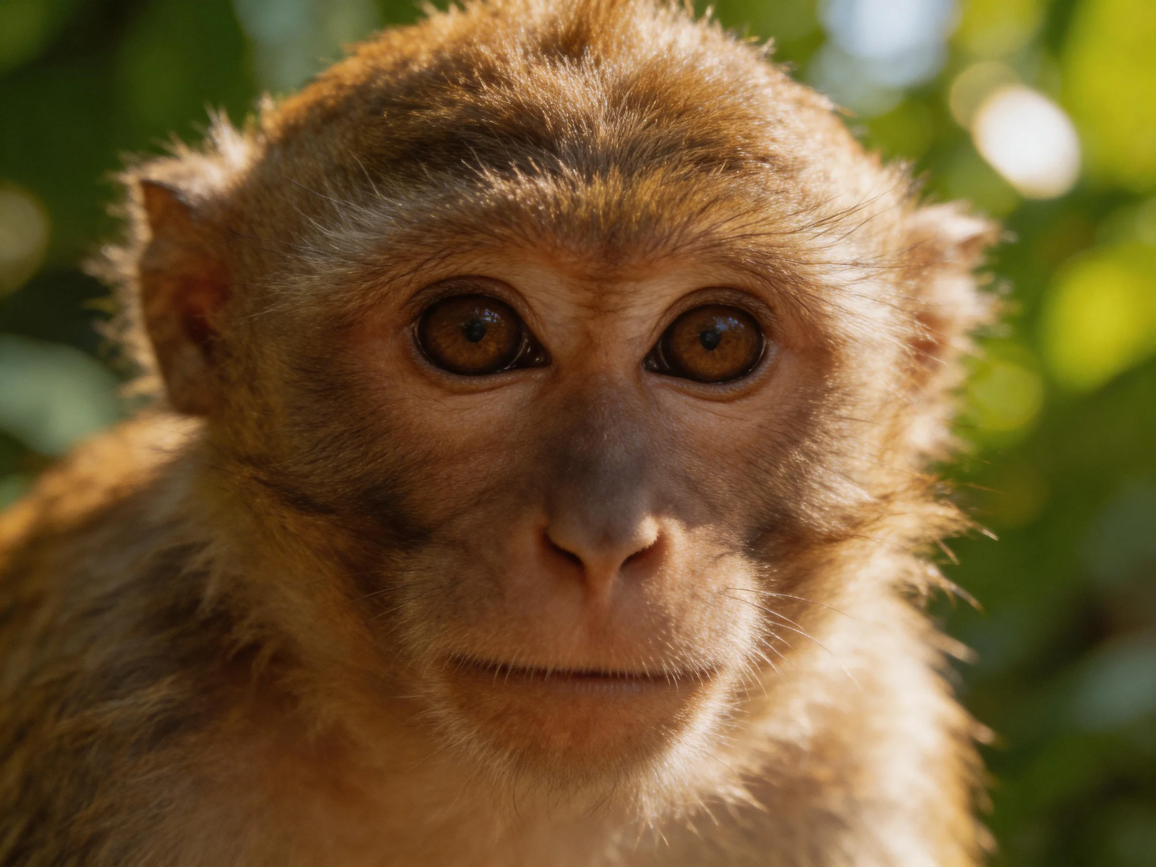 A young monkey with golden - brown fur gazes directly at the camera amid a blurred green background