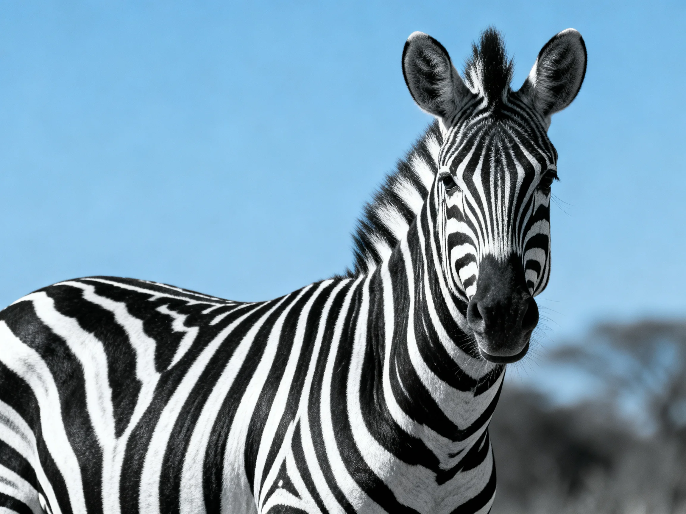 A zebra with bold black and white stripes stands under a clear blue sky.