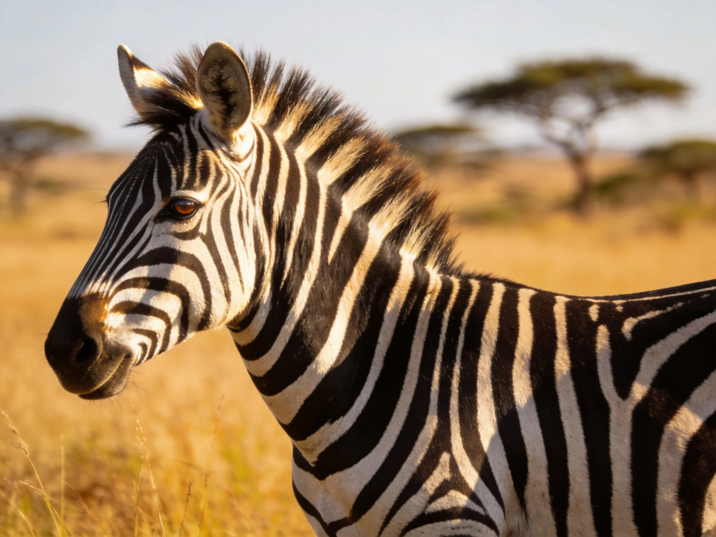 A close - up of a zebra with bold black and white stripes in a golden savannah