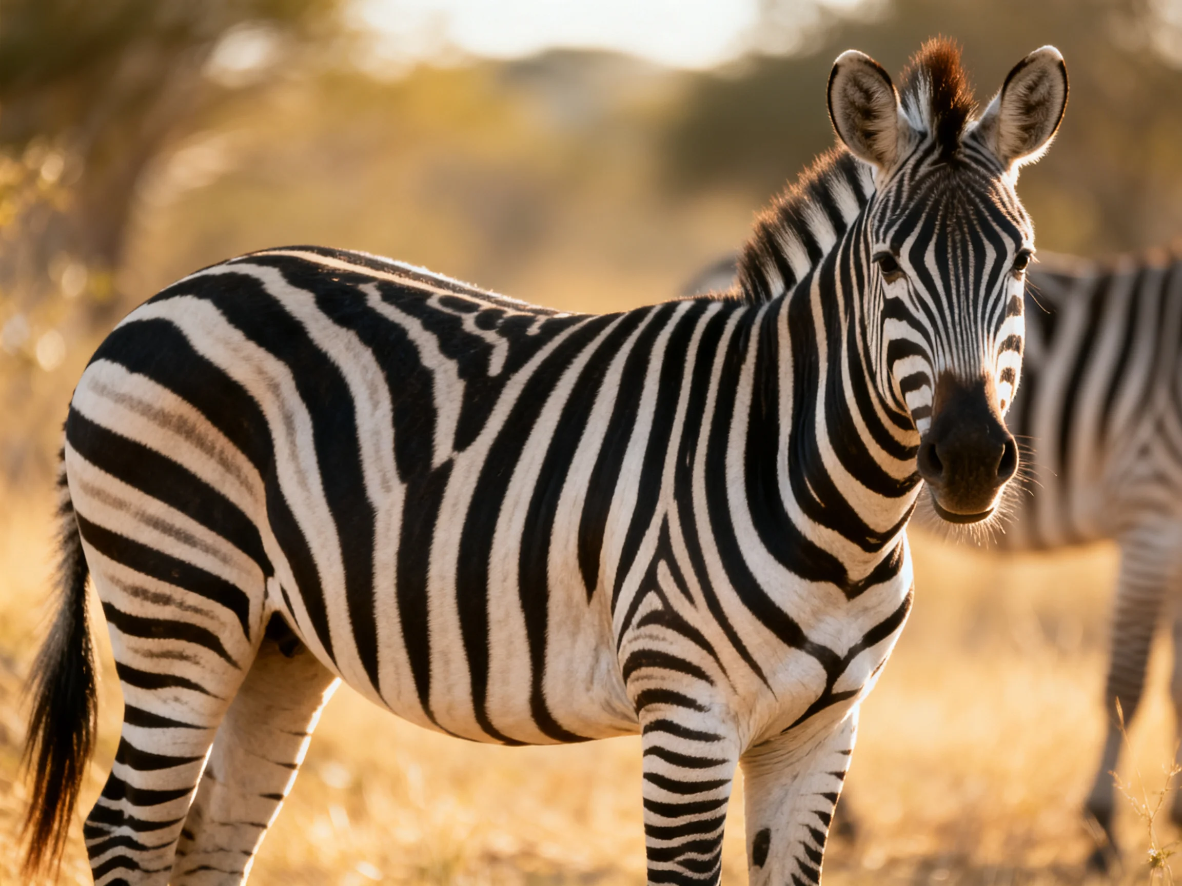 A close-up of a zebra with bold black and white stripes in golden savannah