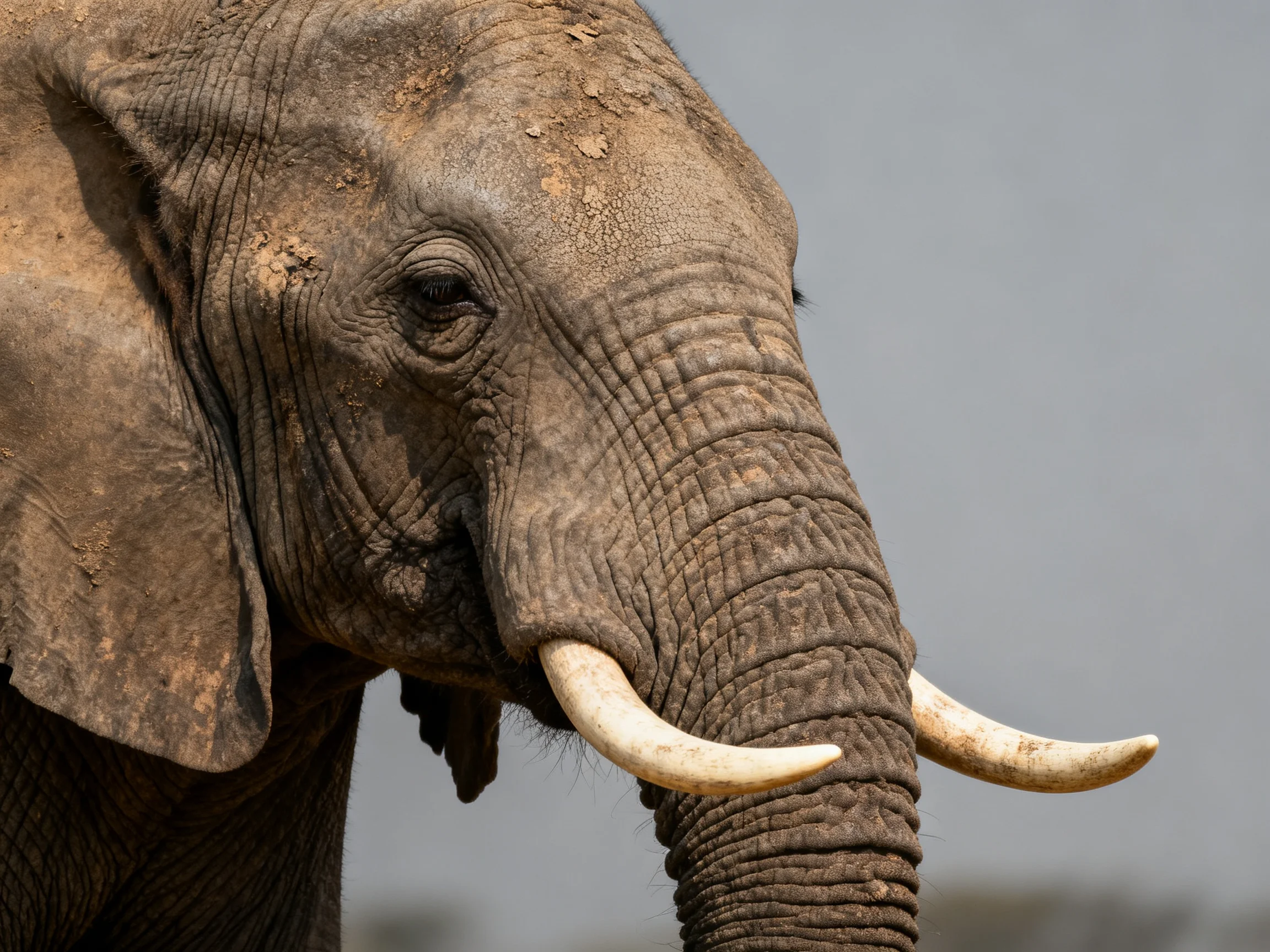 A close - up of an African elephant with large ivory tusks and wrinkled skin