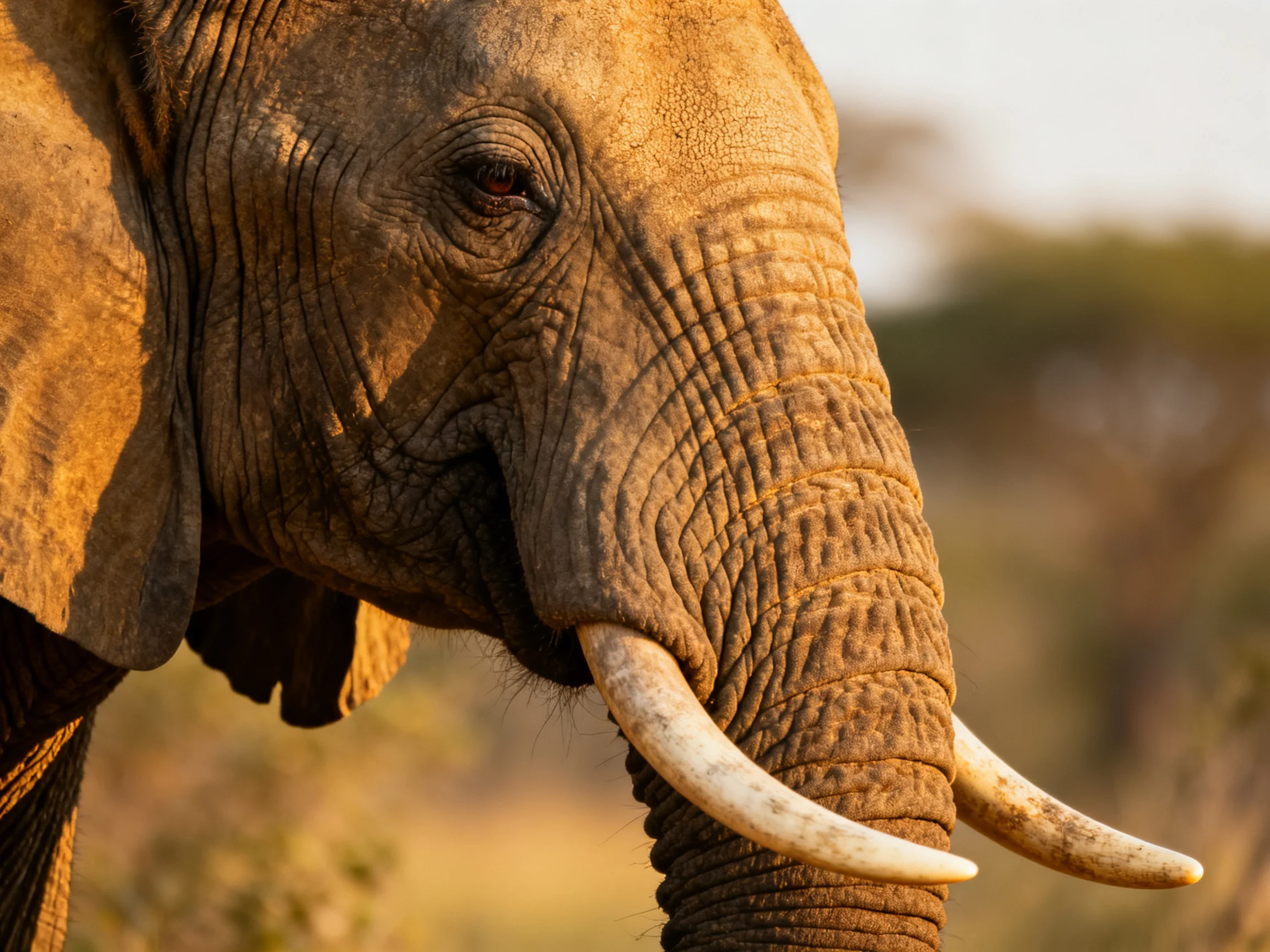 A close - up of an African elephant with large tusks in golden light