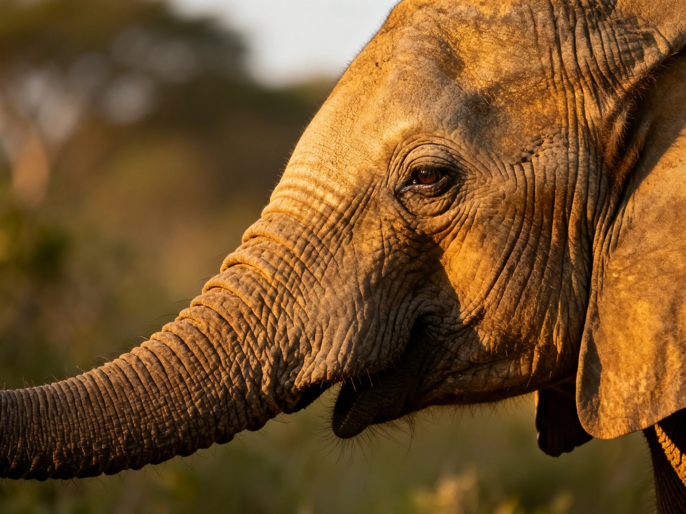 A close - up of an African elephants textured face under warm light