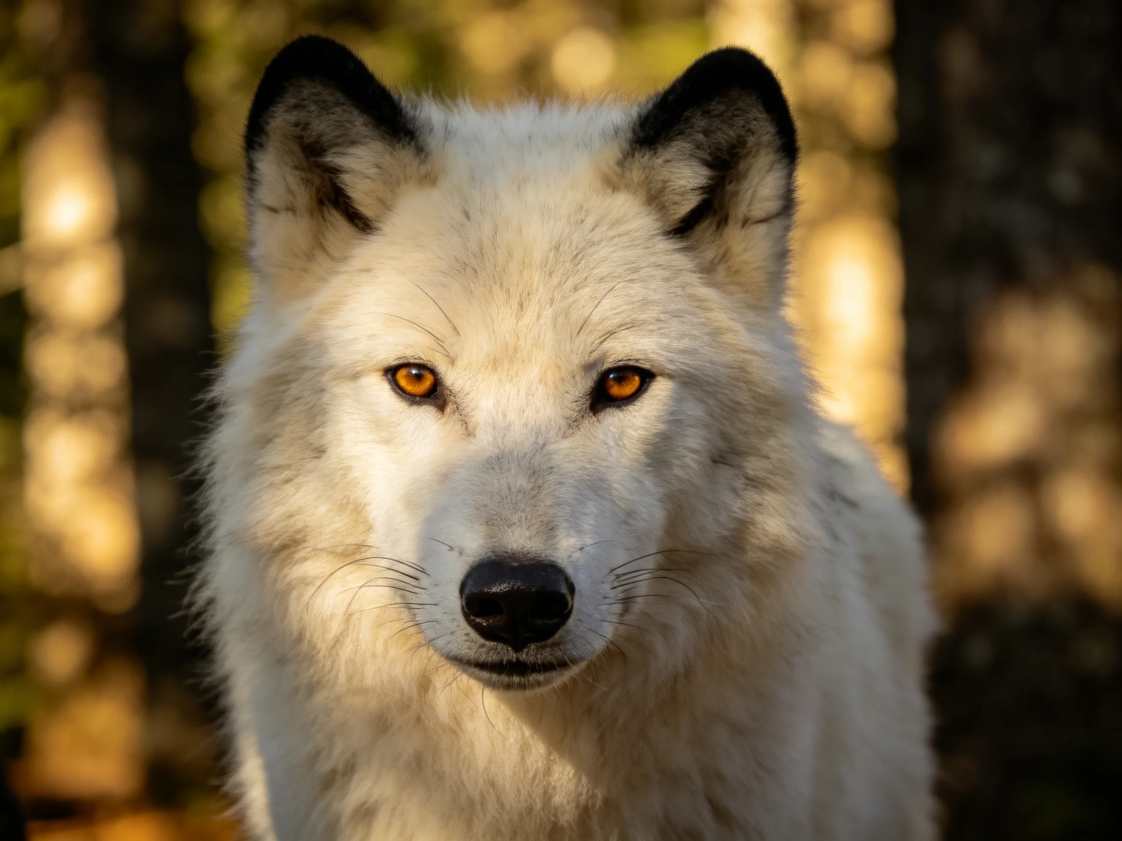 A close - up of an Arctic wolf with snowy fur and amber eyes