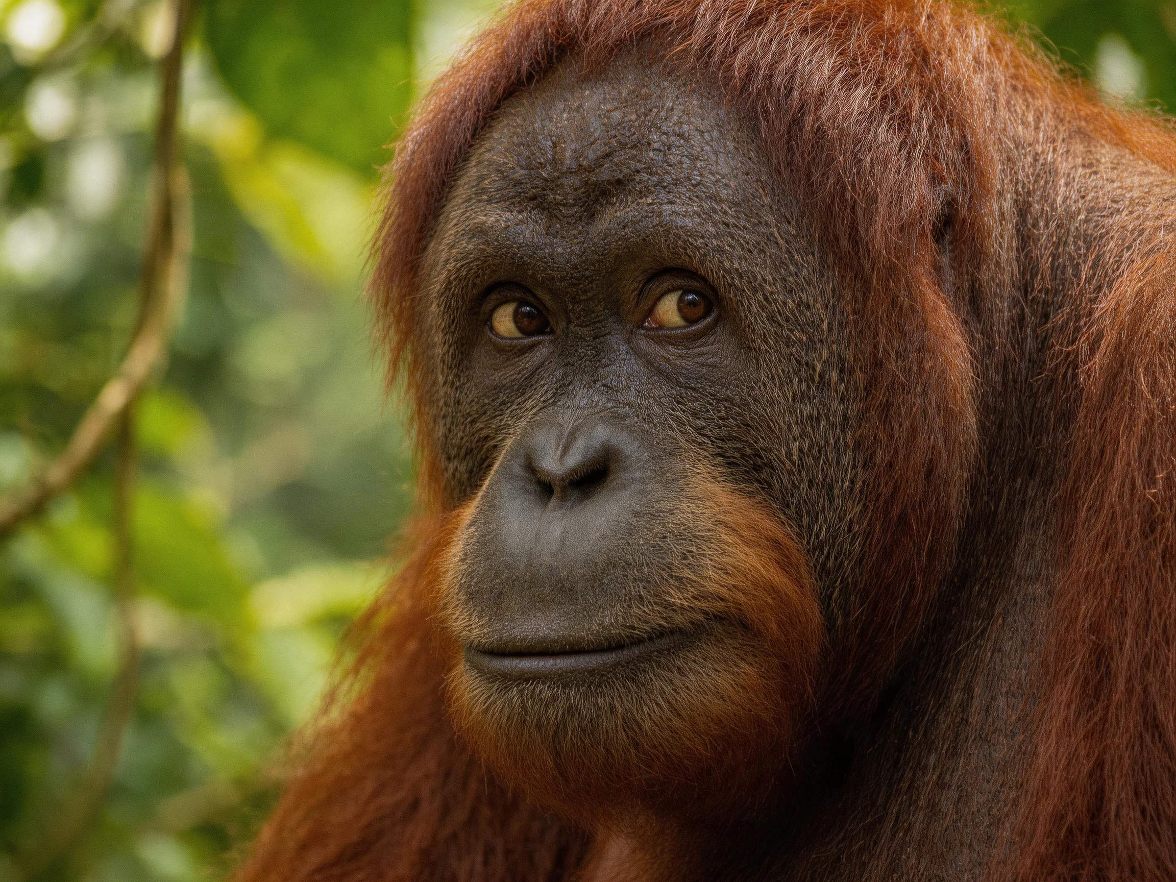 A close - up of an adult orangutan with reddish - brown fur in a lush forest
