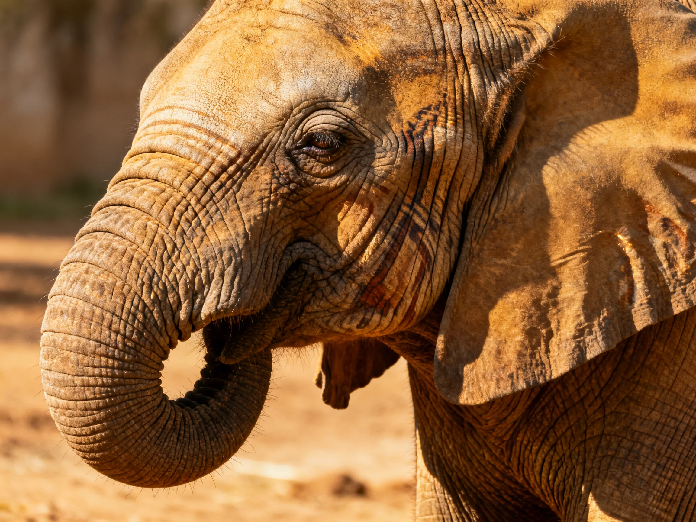 A close - up of an aged elephant with textured, earth - toned skin