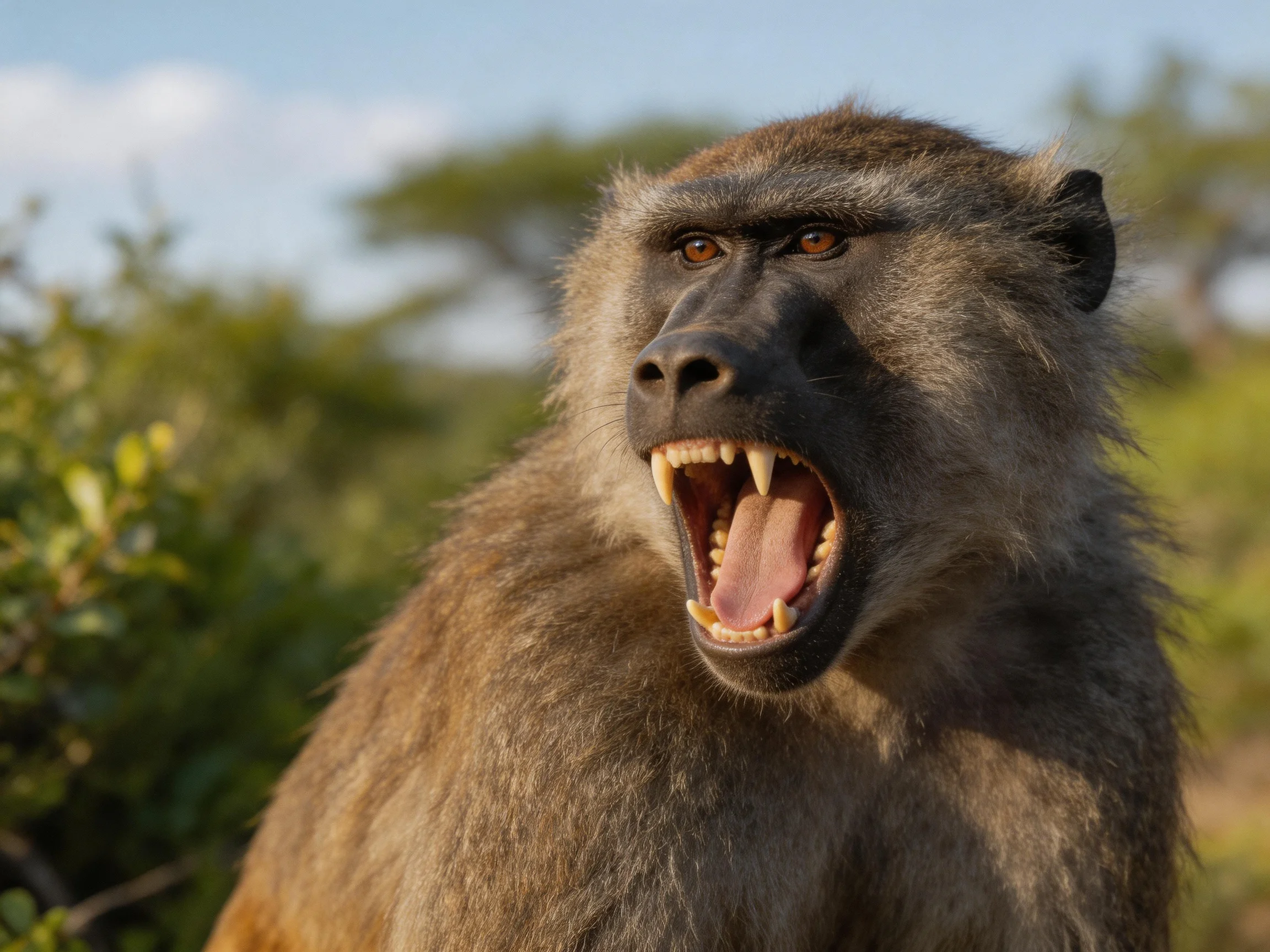 A close-up of an aggressive baboon with bared teeth in a green landscape