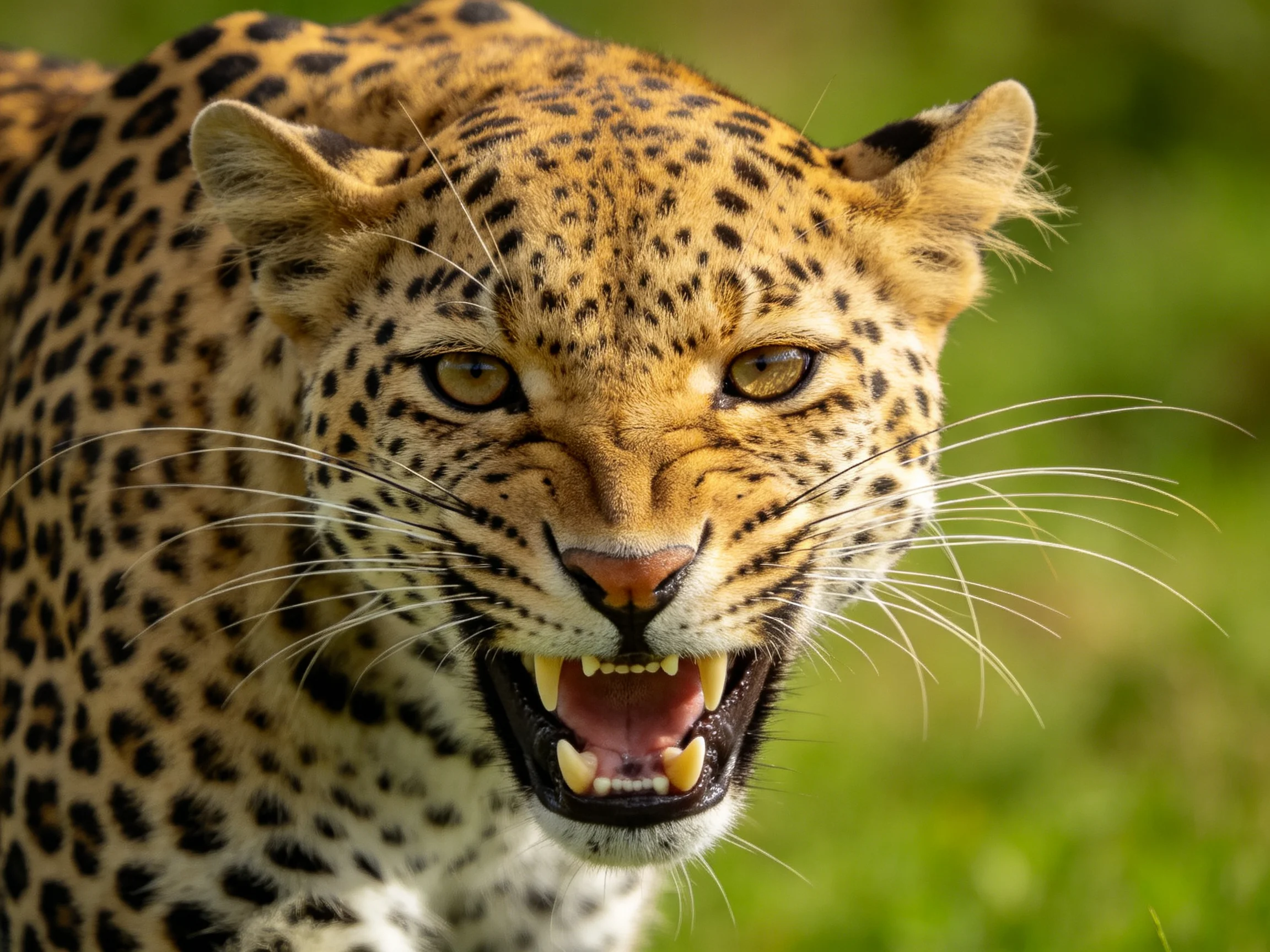 An angry leopard displays its sharp teeth in a close - up view.