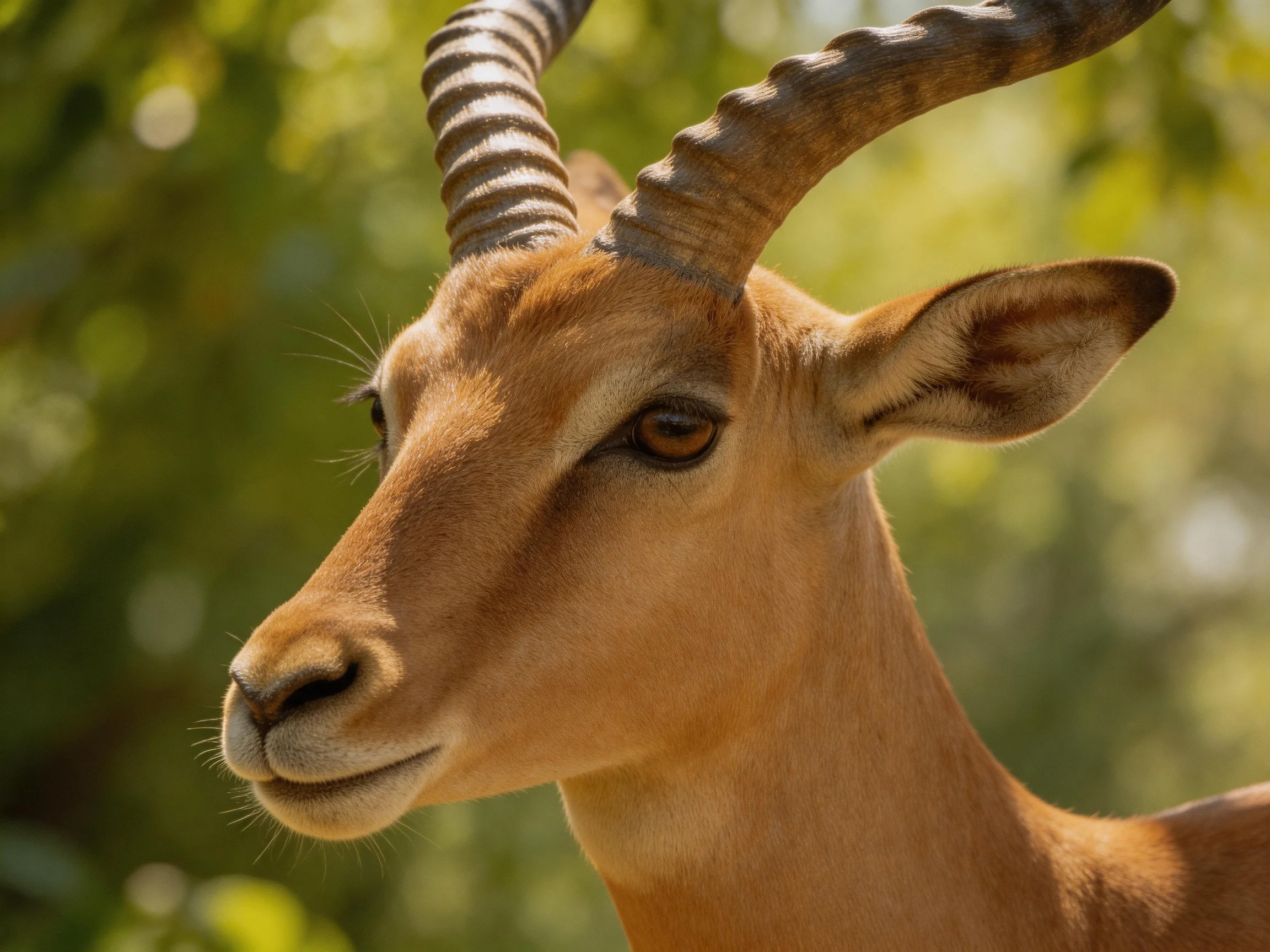 A close-up of an impala with spiraled brown horns against green foliage